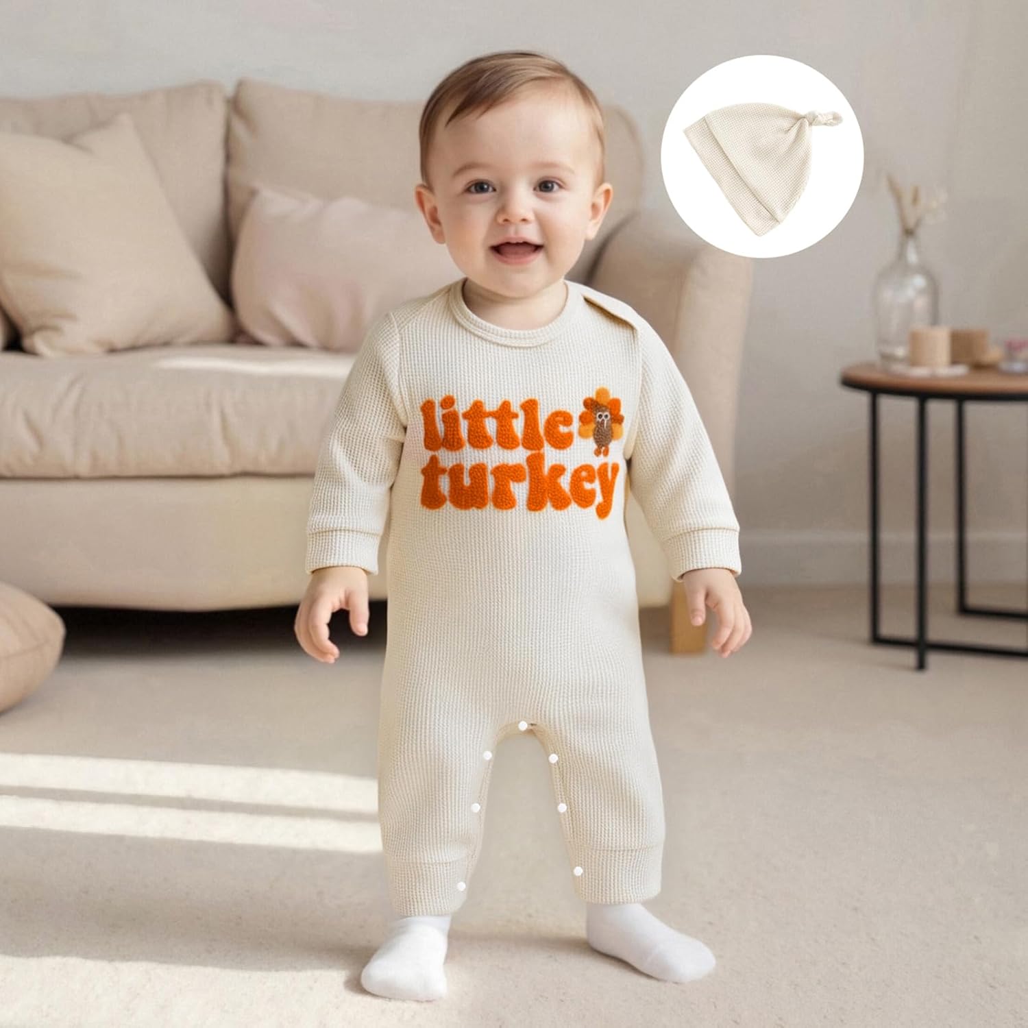 Newborn Baby Boy Thanksgiving Outfit Little Turkey Embroidery Waffle Knit Romper Jumpsuit Hat Coming Home Outfit - Image 2