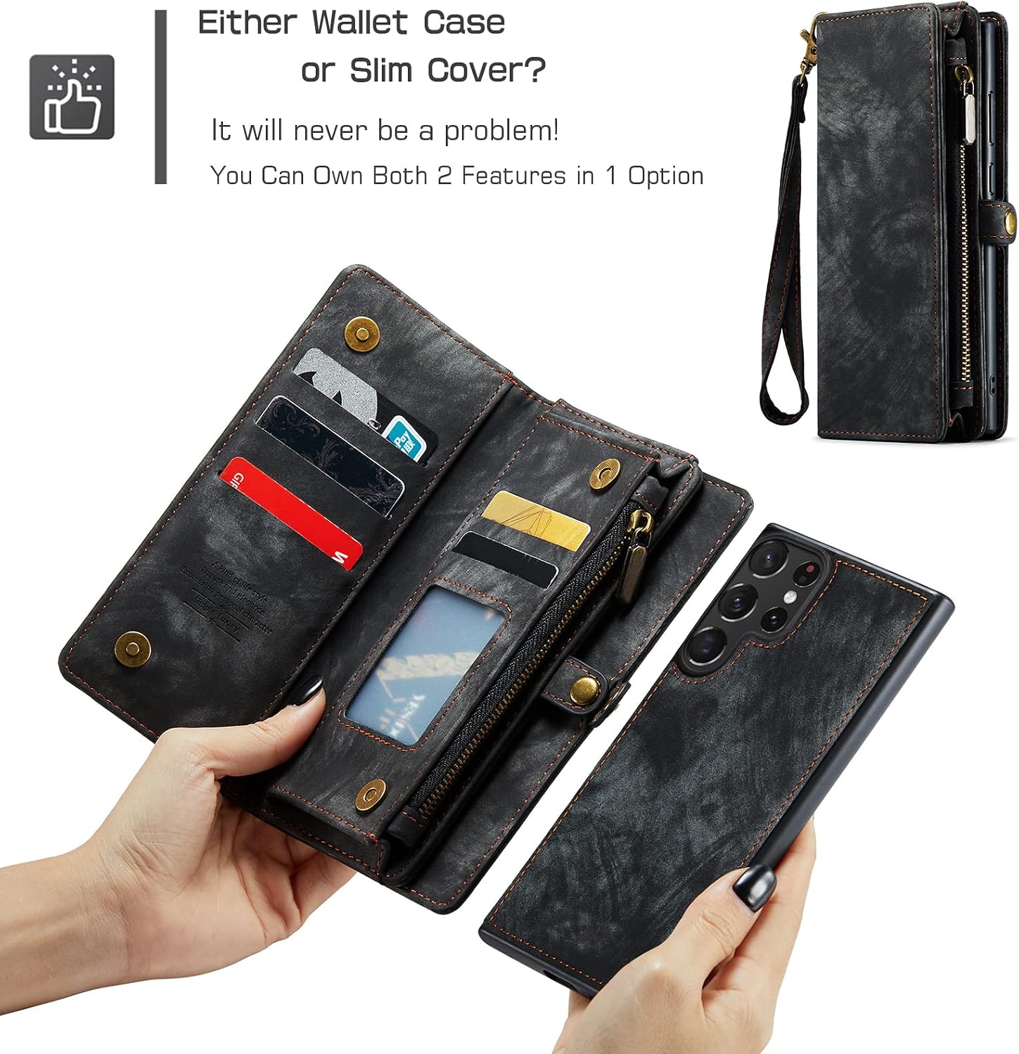 Asuwish Phone Case for Samsung Galaxy S23 Ultra 5G Zipper Wallet Detachable Cover with Screen Protector and Leather Flip Cash Card Holder Cell Accessories S23ultra 23S S 23 S23ultra5g Women Men Black
