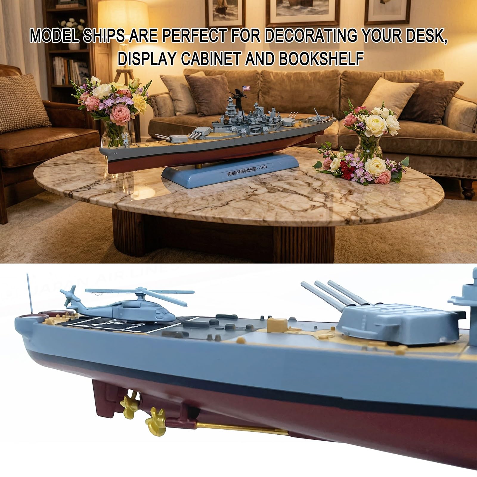 Pancernik USS 1991 New Jersey w skali 1:1000 Wstępnie zmontowany model ze stopu ze stojakiem i podstawą wodną – prezent dla kolekcjonerów wojskowych na biurko, półkę lub gablotę(B)