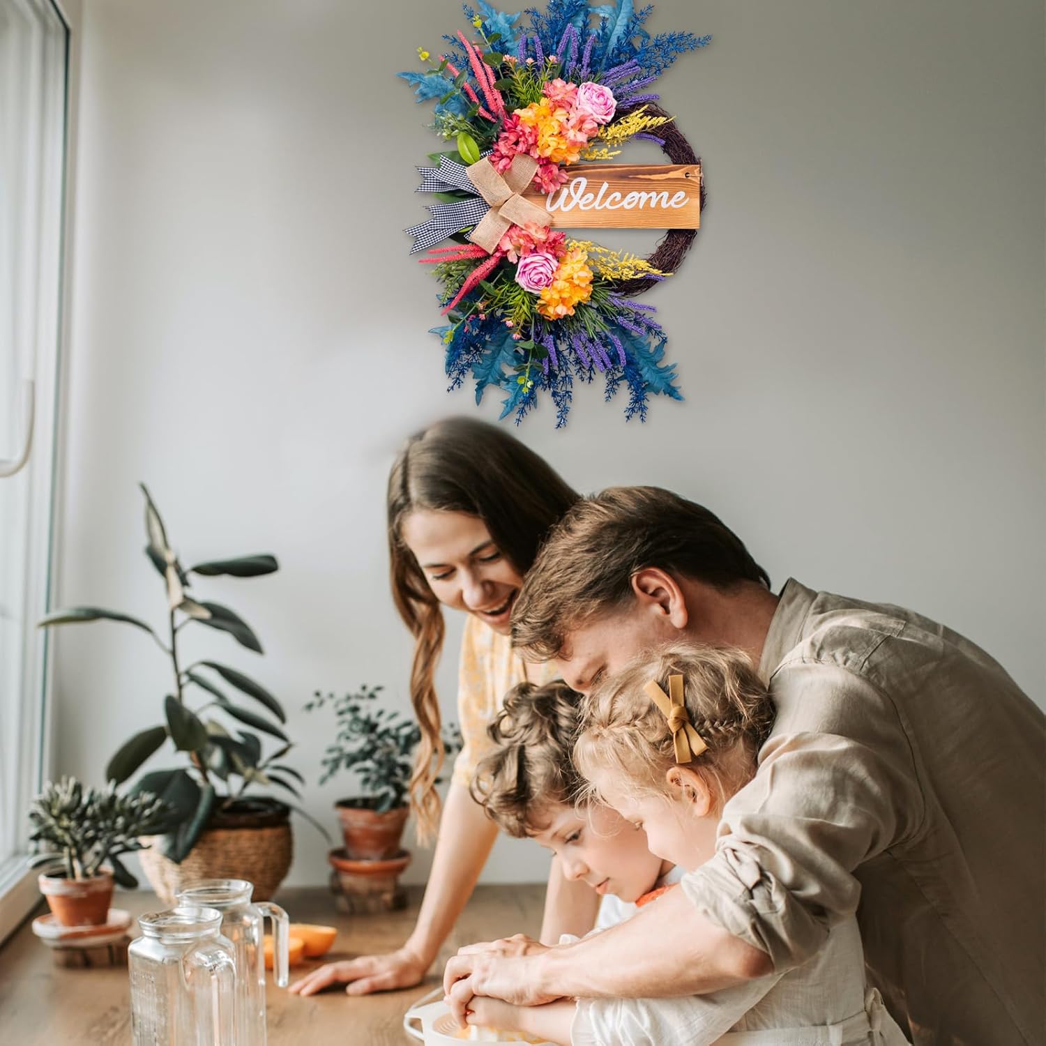 Welcome Sign Wreaths for Front Door Outside, 22'' Artificial Farmhouse Colorful Wreath for Spring Summer Autumn Porch Wall Window