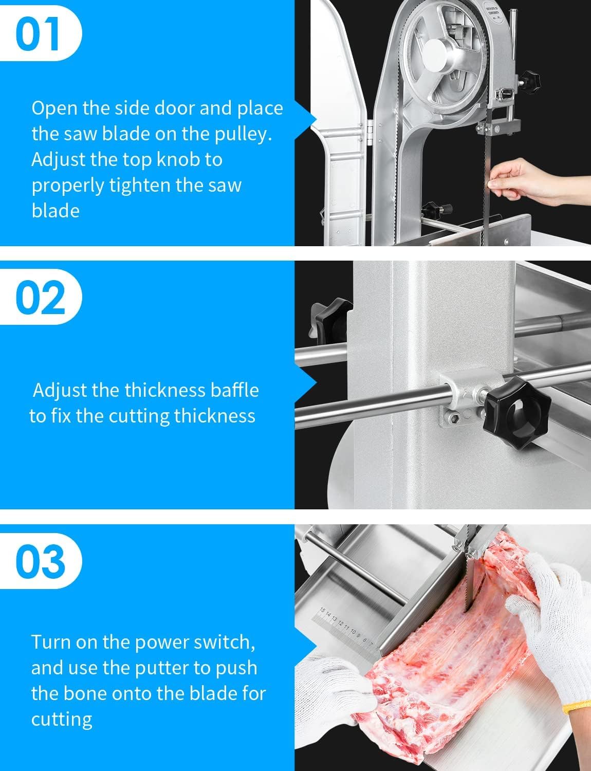 1500W Electric Meat Bone Saw Machine Bone Cutter Chop 0.8-5.9”Thickness, 2.6HP 110V Commercial Meat Band Saw for Butcher Cutting Frozen Meat into Slicer 20x15”Table Sawing for Chicken Fish Beef Tuna