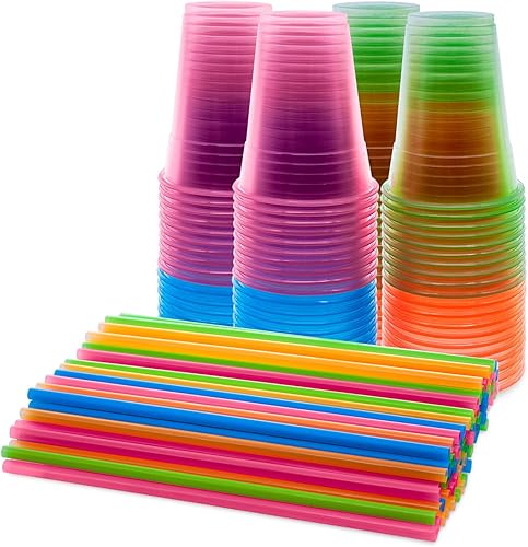 Party Essentials Vasos de plástico suave de 16 onzas para fiesta, vasos de pinta, neón surtidos, 80 unidades con 100 popotes