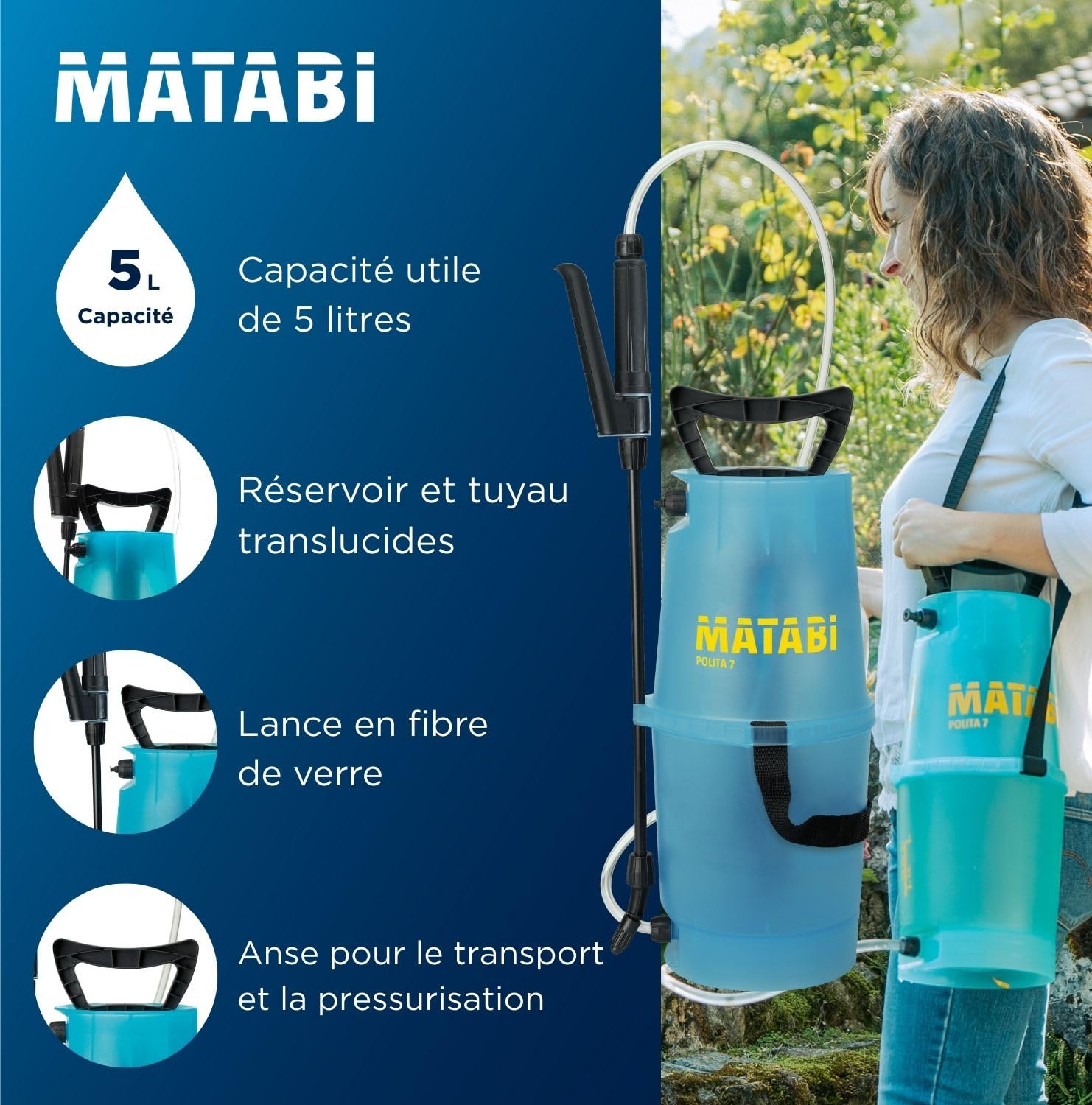 Matabi Polita 7 pulvérisateur de Jardin 5L Pré‑Pression Buse réglable Lance Fibre de Verre