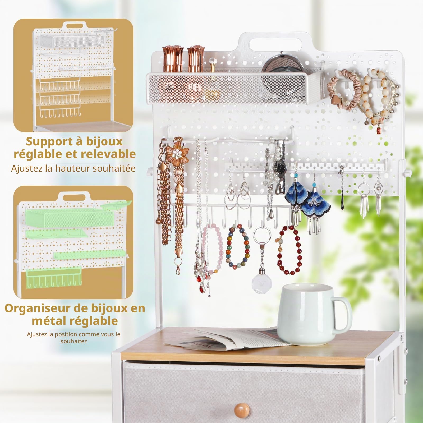 HYCFYJR Table de Chevet avec Porte Bijoux, Table de Nuit avec Tiroir en Tissu, Moderne Chevet de Lit, Bout de Canape pour Chambre, Salon, Naturel Blanc