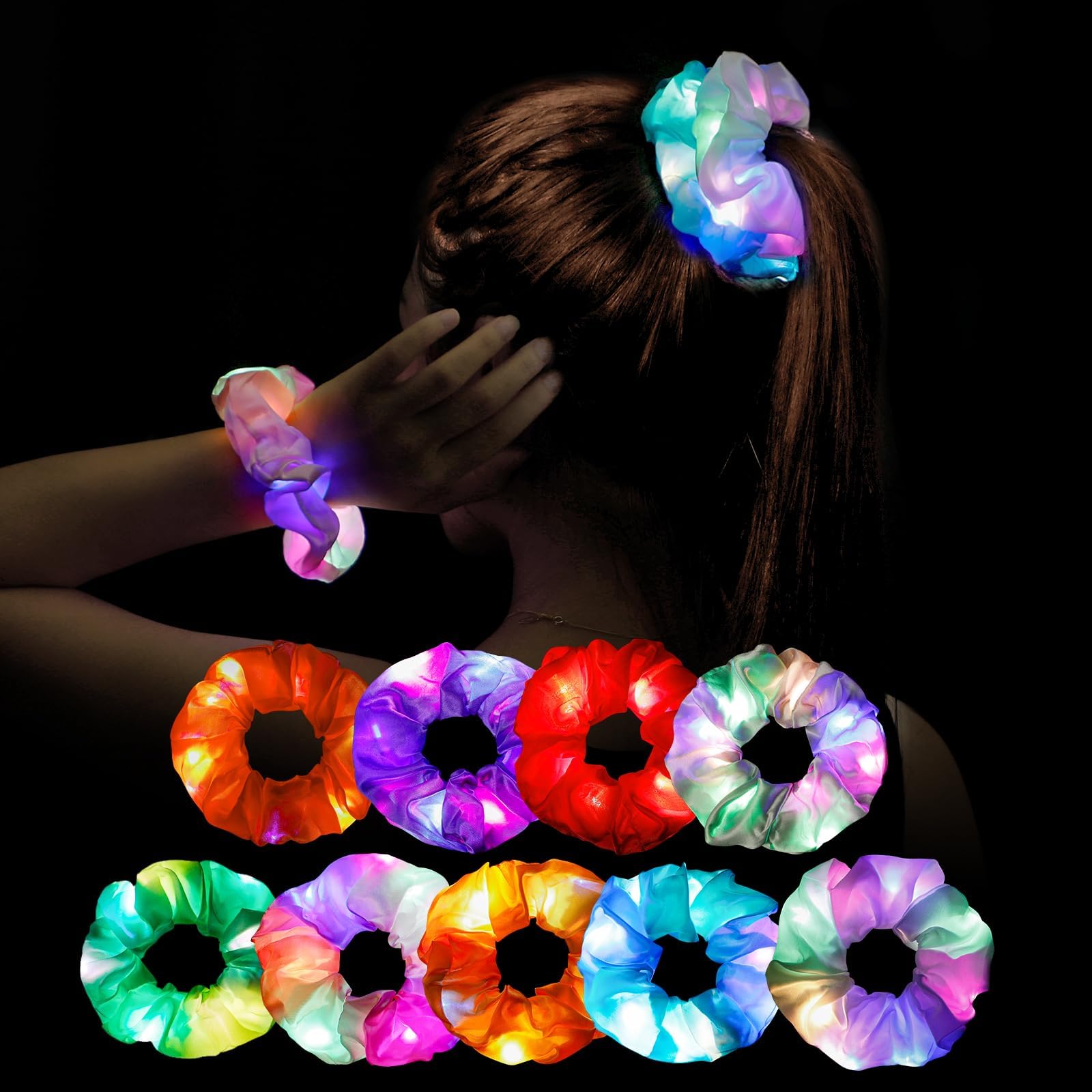 Piucrty Led Haargummis Mädchen Leuchtender Haarschmuck 9Pcs Leuchtarmbänder Mitgebsel Kindergeburtstag Mädchen Give Aways Satin Haargummi Armband Neon Pyjama Party Deko Accessoire Frauen Geschenk