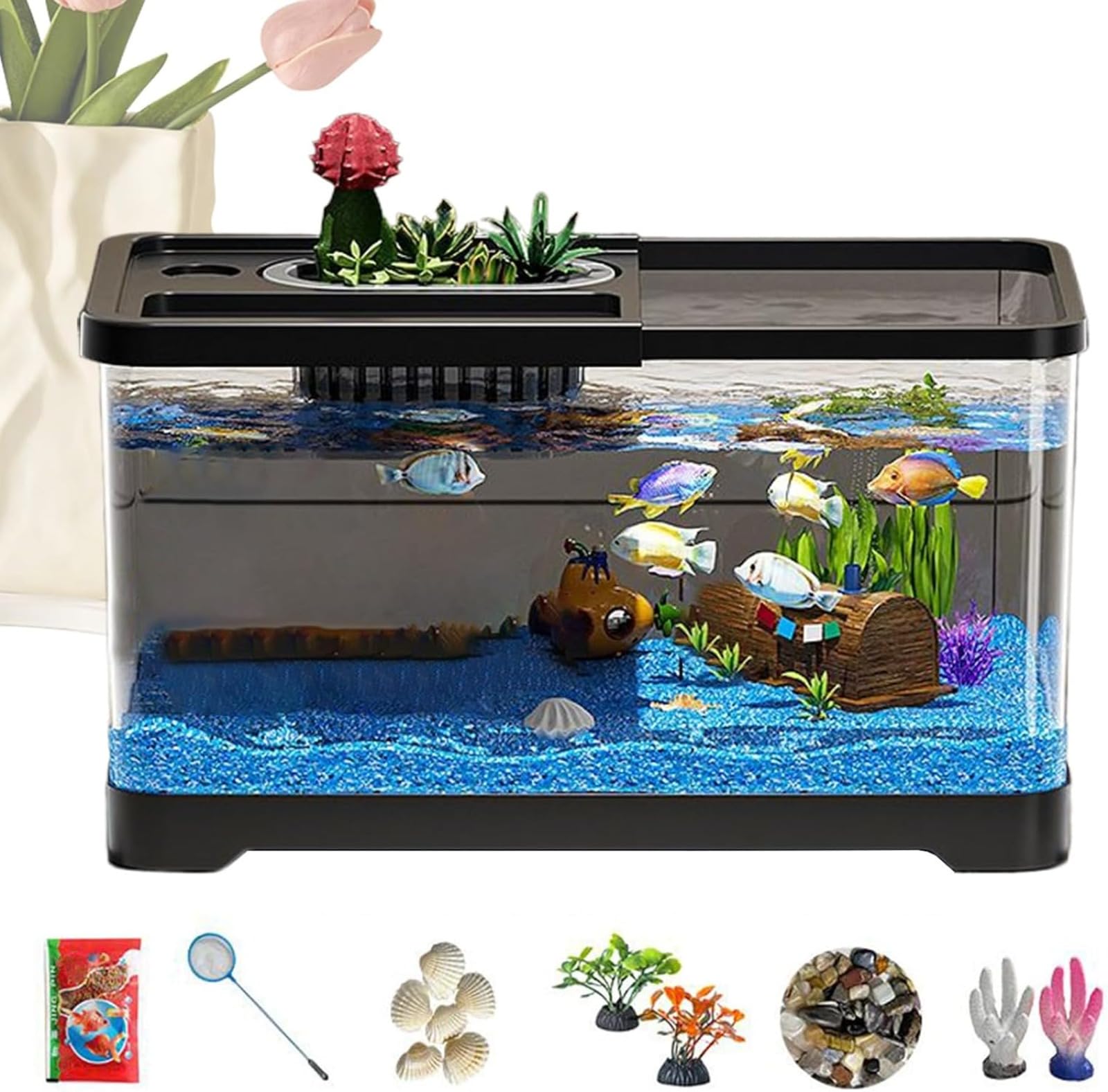 Nano Aquarium Compact - Kit Complet pour Chambre d'enfant - Décoration d'aquarium en Verre - Kit Complet de Bassin à Poissons LED - Mini débutant - pour Les débutants - Soin des Animaux,aquarium de bu