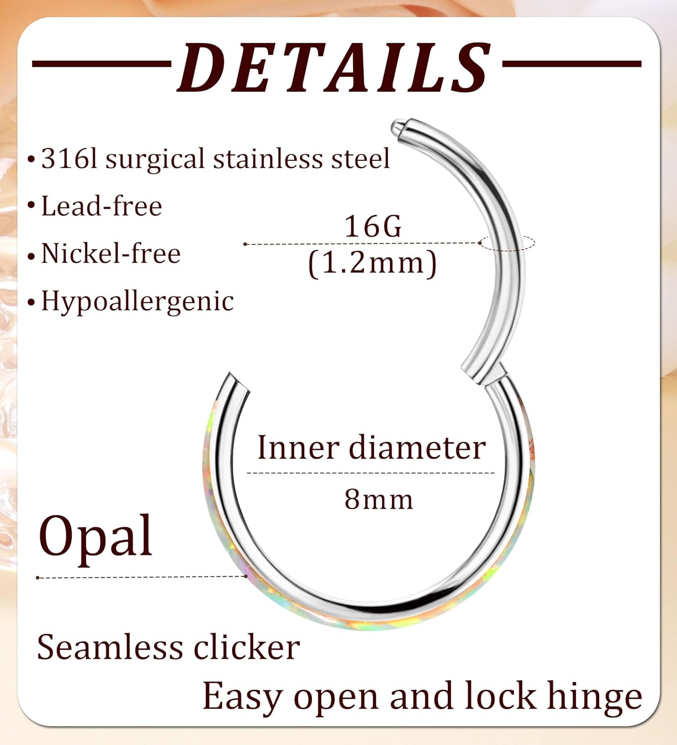 Opal Septum Ring 16G 18G 20G Hinged Hoop Ring for Women Stainless Steel Opal Nose Ring Hoop Septum Piercing Clicker Ring Cartilage Tragus Helix Earrings Conch Piercing Jewelry - Image 2