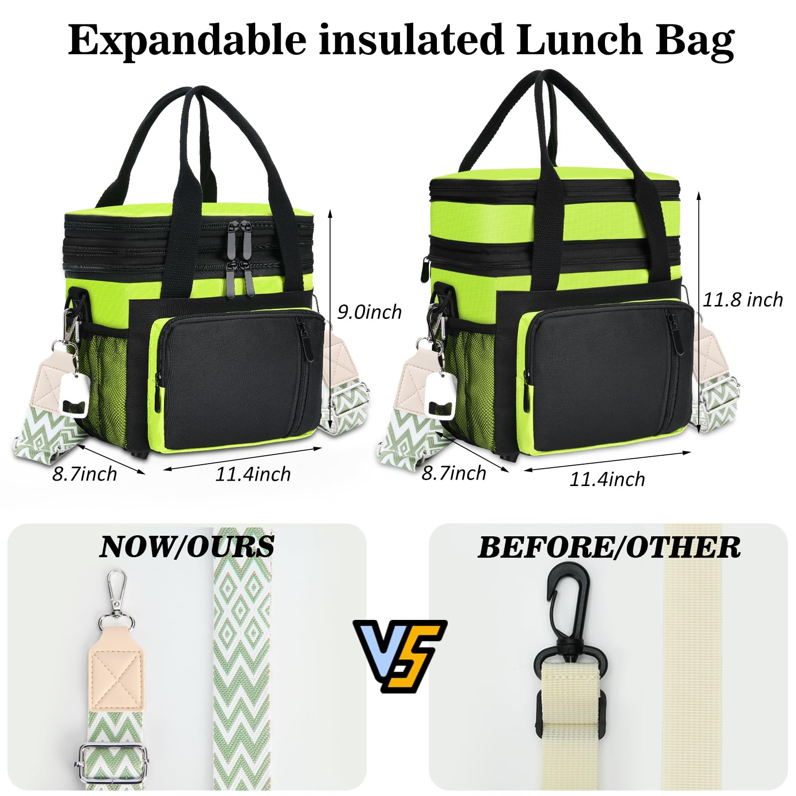LOKASS Borsa termica per il pranzo da donna/uomo, 16L, espandibile, a doppio strato, a tenuta stagna, con tracolla regolabile, ideale per lavoro/viaggi/picnic (verde fluo)