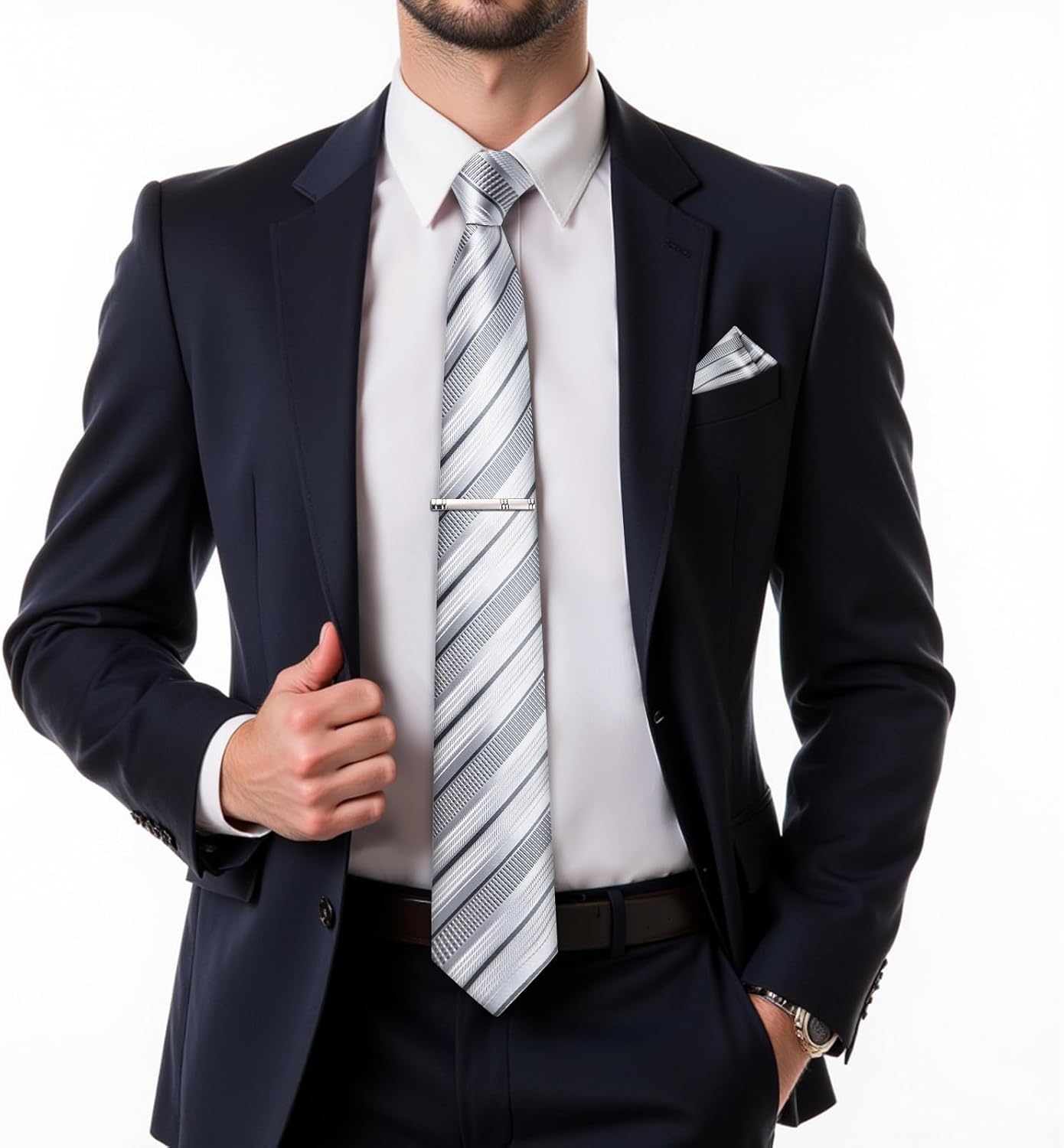 DiBanGu Mens Striped Tie Silk Woven Necktie and Pocket Square Cufflinks Tie Clip Set Wedding Business Formal Gift Tie for Men - Image 2