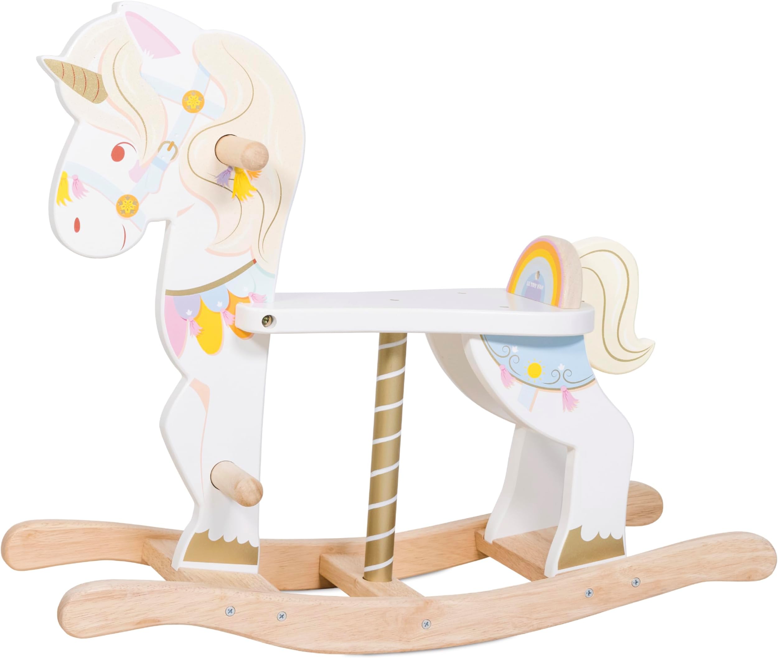 Petilou Wooden Multi-Sensory Colourful Wooden Pastel Rocking Unicorn Carousel Toy For Toddlers | Unisex Rocking Horse - Suitable For 1 Year Old +