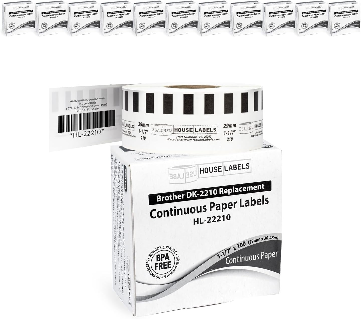HOUSELABELS Compatible with DK-2210 Replacement Roll for Brother QL Label Printers; Continuous Length Labels; 1-1/7" x 100 feet (29mm*30.48m) - 12 Rolls
