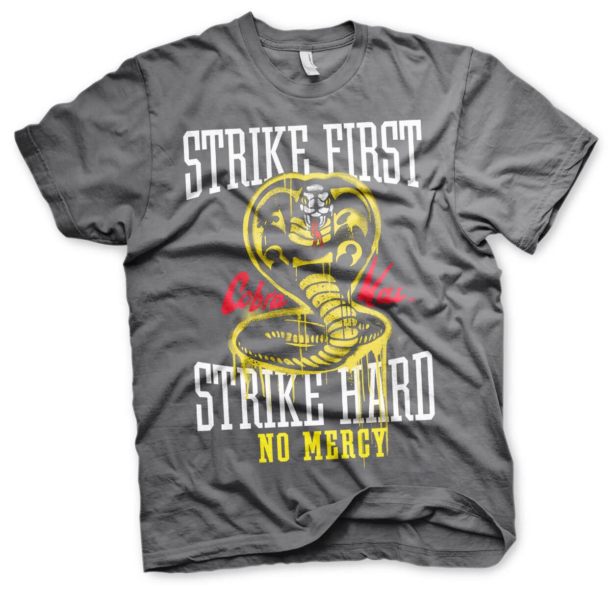 Cobra Kai Men's Dark Grey Officially Licensed Strike First - Strike Hard - No Mercy T-Shirt (Dark Grey), X-Large