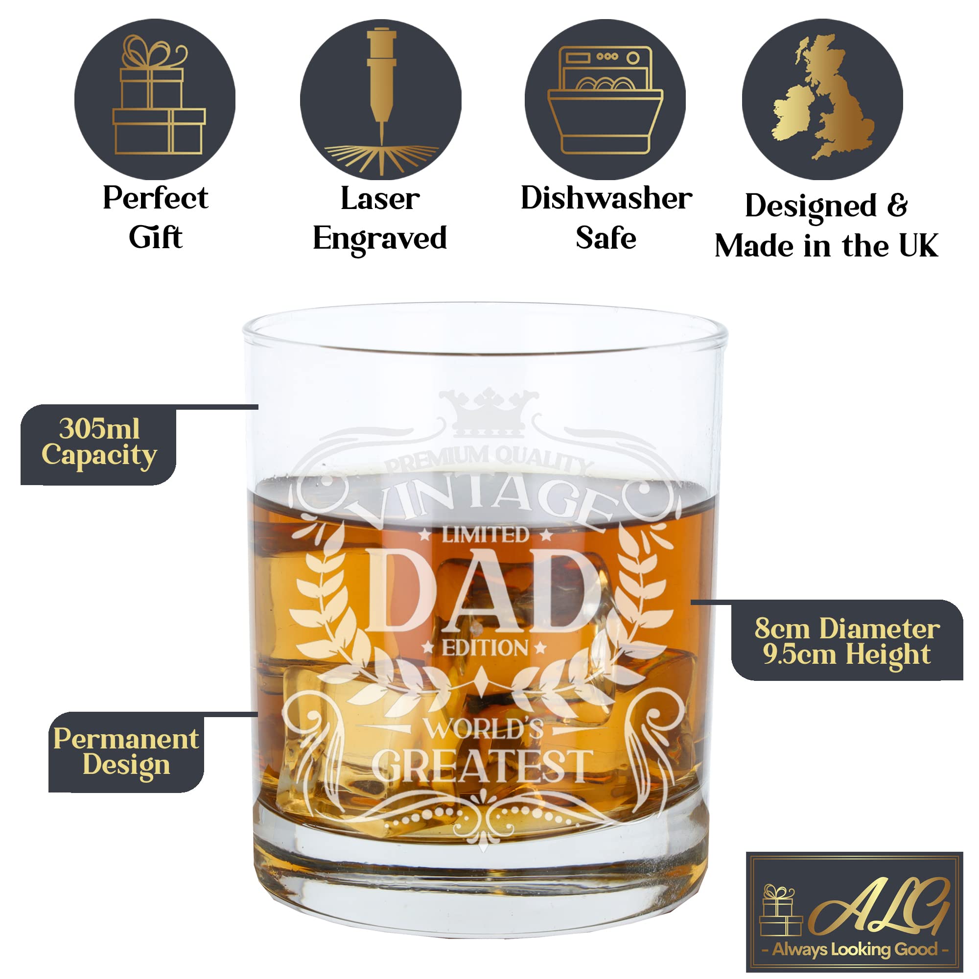 Always Looking Good Gifts for Dad Vintage World's Greatest Dad Engraved Whiskey Glass Present for Fathers Etched Whisky Bourbon Scotch Lowball Tumbler Glasses - Image 2