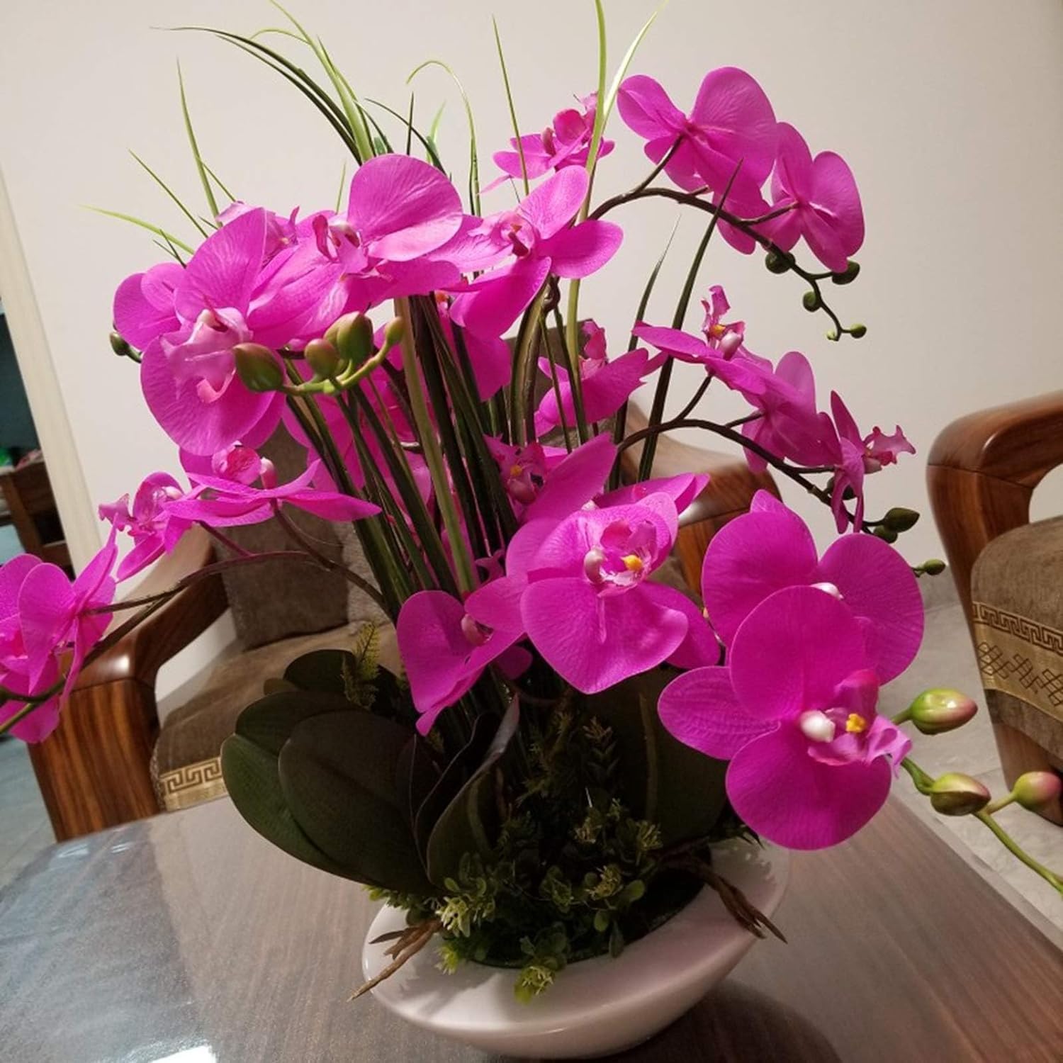 Orquídea artificial artificial de poliuretano, orquídeas artificiales, 7 ramas, flores artificiales de Phalaenopsis con jarrón, flores falsas de 50 cm, orquídeas sintéticas muy naturales