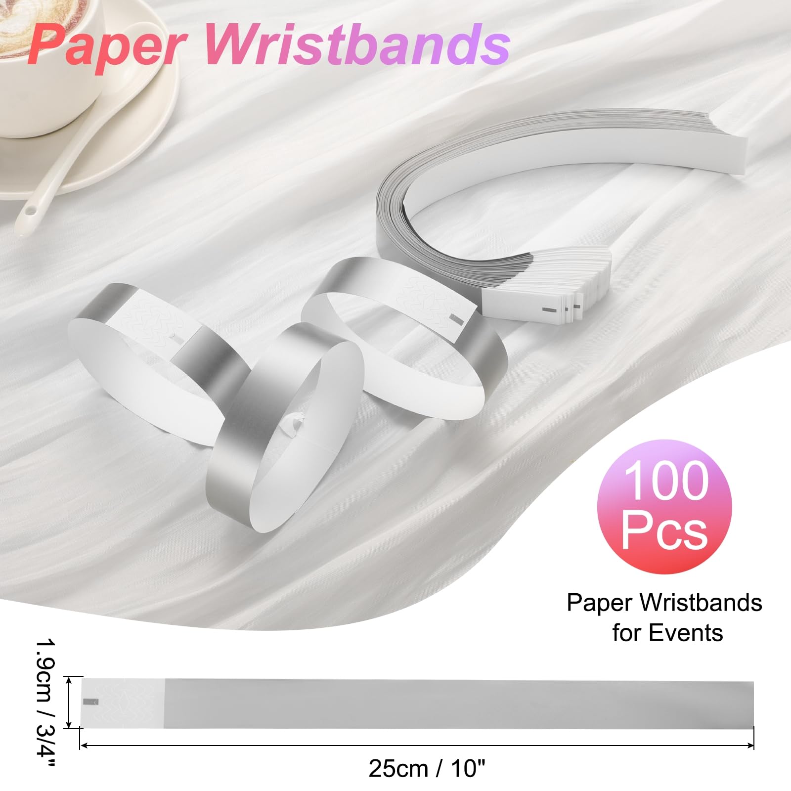 QUARKZMAN 100Pcs Bracelets en Papier pour Événements, Anti-Eau Prévention Réutilisation en Gros Bracelet Identification Bracelet pour Événements Fête Concert(Argent)