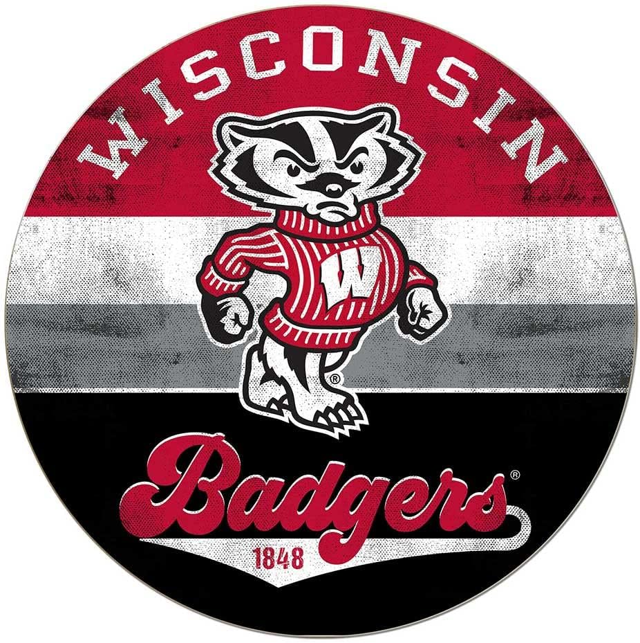 KH Sports Fan Wisconsin Badgers Multi-Color Retro Circle Sign, 20x20 Inches, Badgers Decor for Dorm Room, Bedroom, Fan Cave, Living Room; Display Your Team Spirit with This Unique Wisconsin Badgers Wall Art