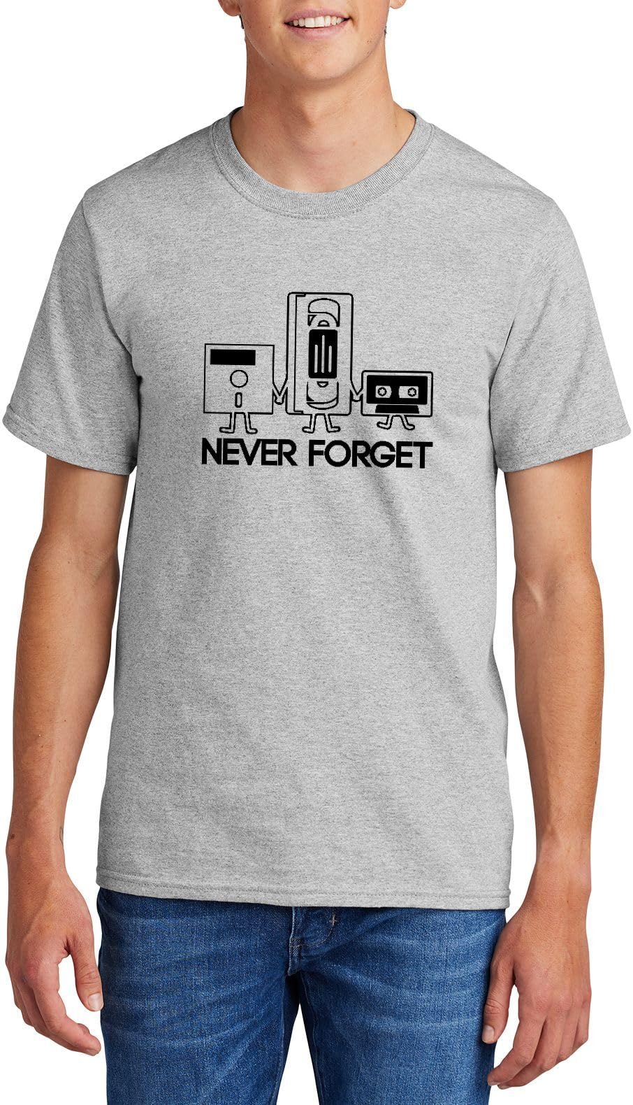 Men's Heavyweight Tee Never Forget Funny Shirt Floppy Disc VHS Cassette Tech Geek Tee Ash Grey XL
