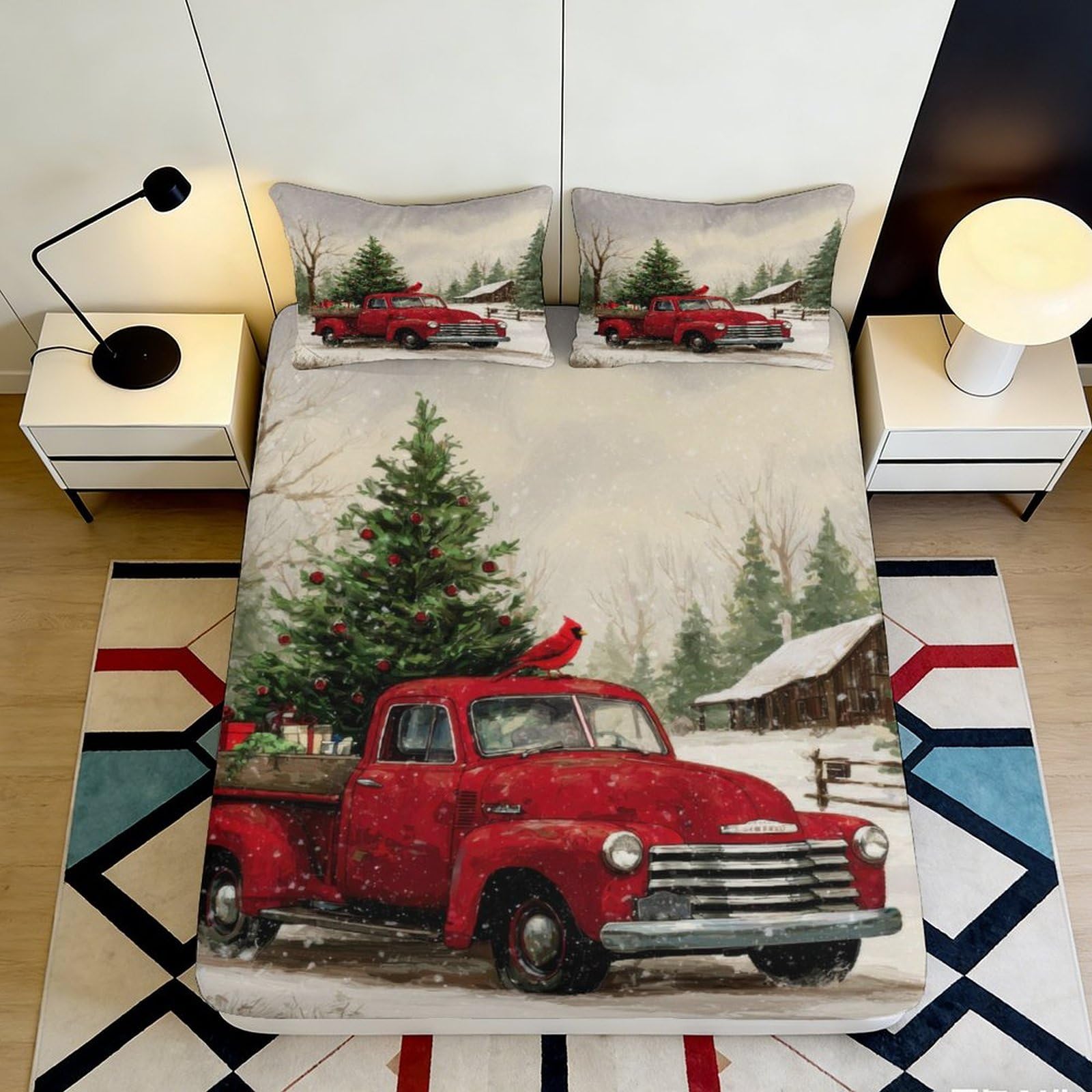 3D Printed Christmas Red Truck Fitted Sheet, Soft Microfiber, Wrinkle Resistant, Home Bedroom Decor, Guest Room Bedding, Easy Care, Bed Protector 200x200x25cm