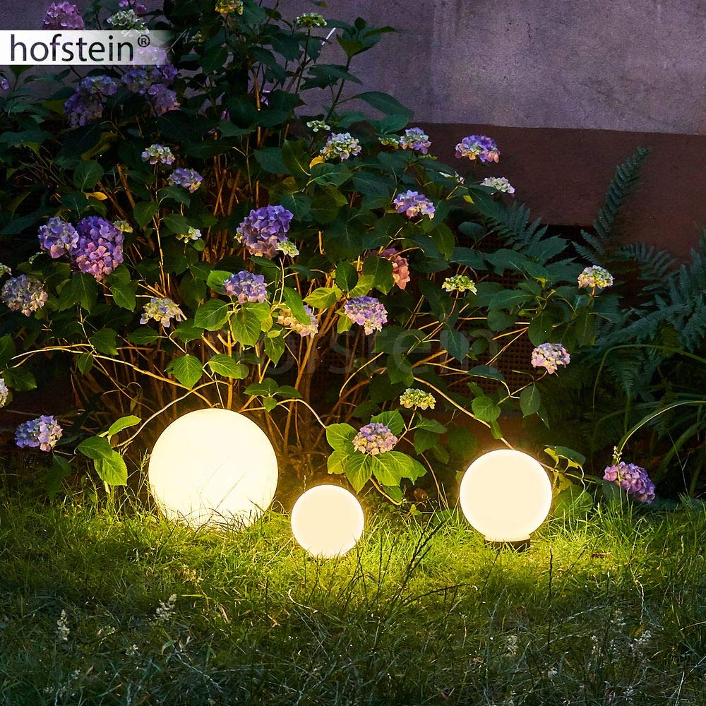Solarleuchten Campinas, Kugellampen 3er Set, Kugelleuchten aus weißem Kunststoff Ø 15, 20 und 25 cm mit Erdspiess, Außenleuchten mit Ein/Aus-Schalter, Solarlampen 3000 Kelvin (warmweiß)