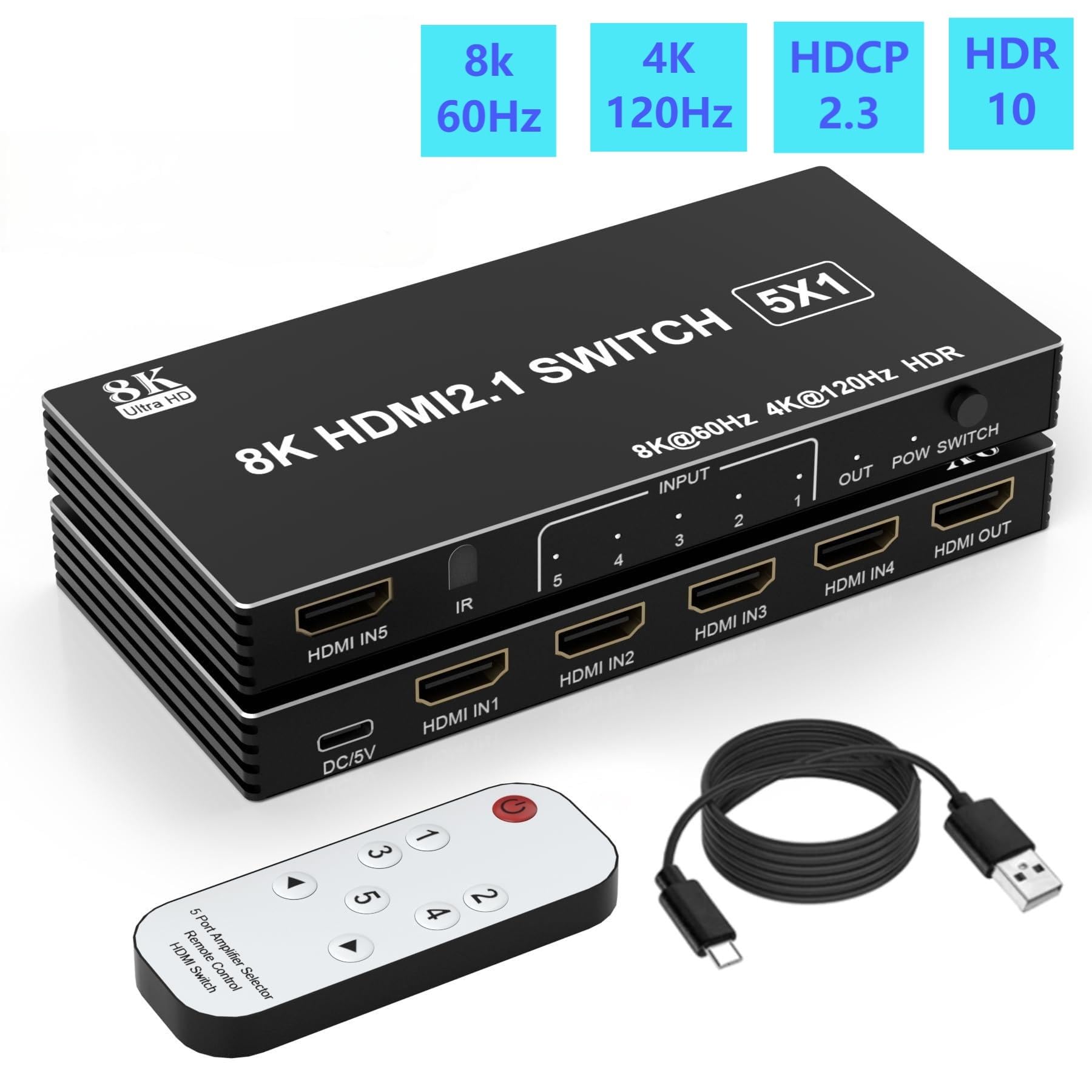 HDMI 2.1 Switch Splitter 120 Hz 5-portowy HDMI 4K 120 Hz rozdzielacz CEC 48 gbps HDR HDMI 2.1 Switch 8K (4 x 1)