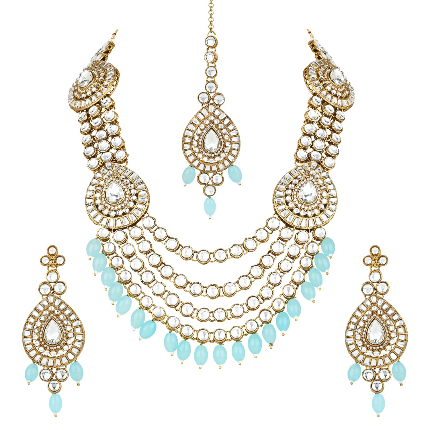 I Jewels Gold Plated Traditional Multi Layered Pearl Kundan Bridal Necklace Jewellery with Dangle Earrings & Maang Tikka Set For Women/Girls (IJ388) (Sky Blue) (B0CR41QP7J) Amazon Price History, Amazon Price Tracker