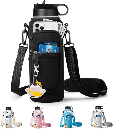 RRegeny Soporte para botella de agua con correa para Hydroflask de 32 oz 40 onzas con bolsillo para teléfono, funda para botella de agua para
