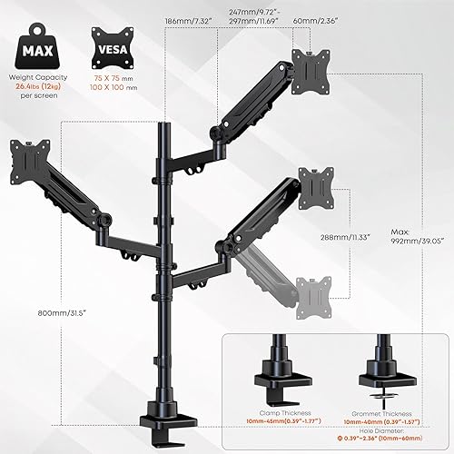 Miniatura 3 de Soporte de monitor triple para pantallas de 17 a 35 pulgadas, soporte de escritorio resistente con brazo triple para monitores ultraanchos, ajuste