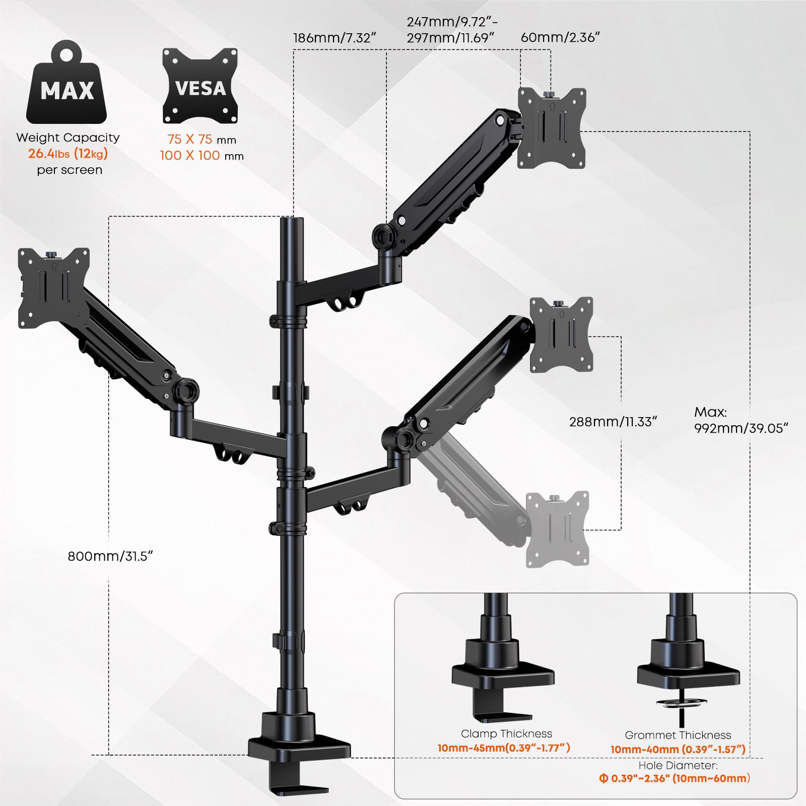 PUTORSEN Soporte para 3 monitores con Pantalla de 17-35 Pulgadas, Soporte para 3 monitores Regulable en Altura con 12 kg por Brazo, Barra de 80 cm, VESA 75/100 mm