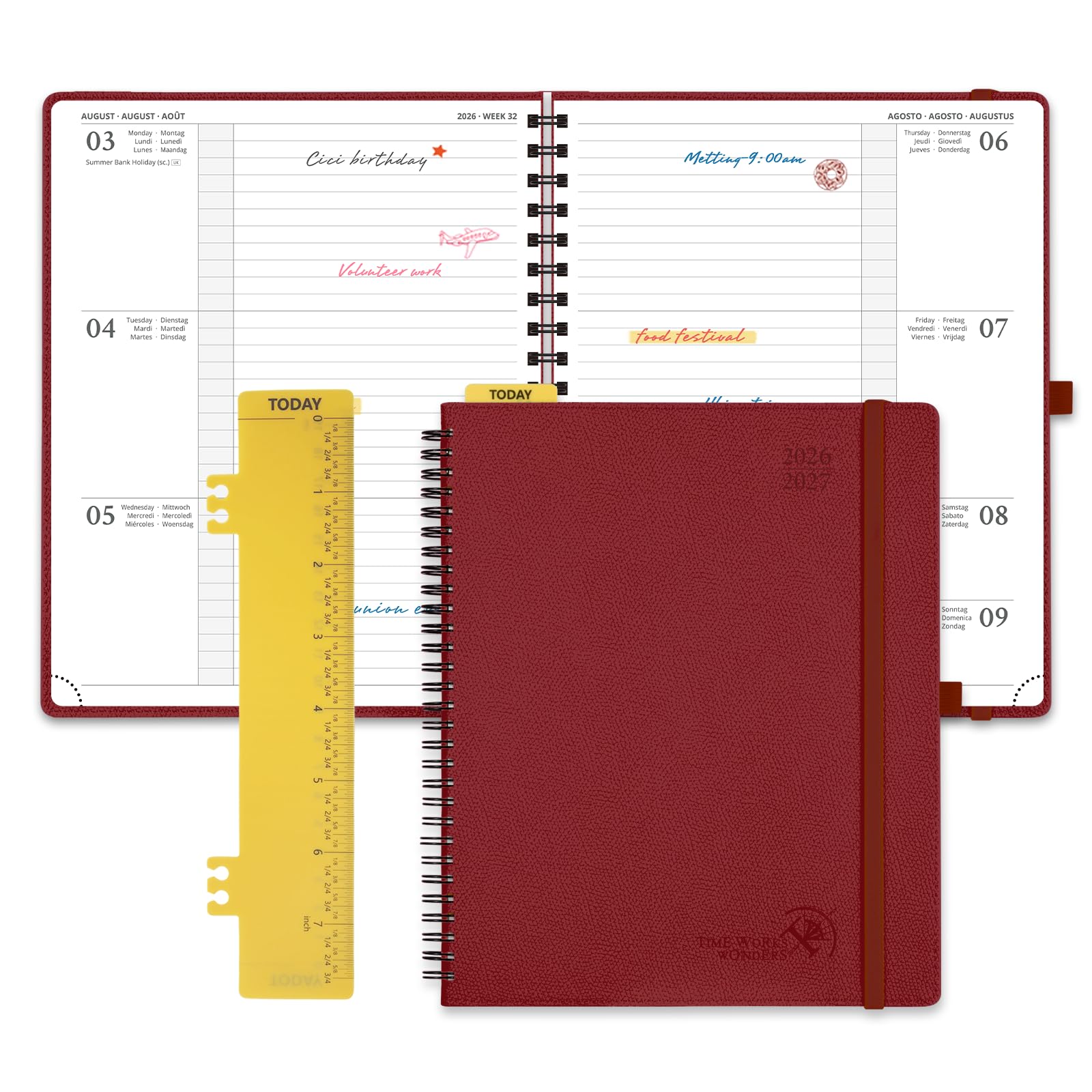 POPRUN 2026-2027 Academic Diary Week to View Large (26.5x21.5 cm) Soft Cover Spiral Horizontal Weekly Planner 17 Months (Aug'26 - Dec'27) Mid Year 26/27(Burgundy)