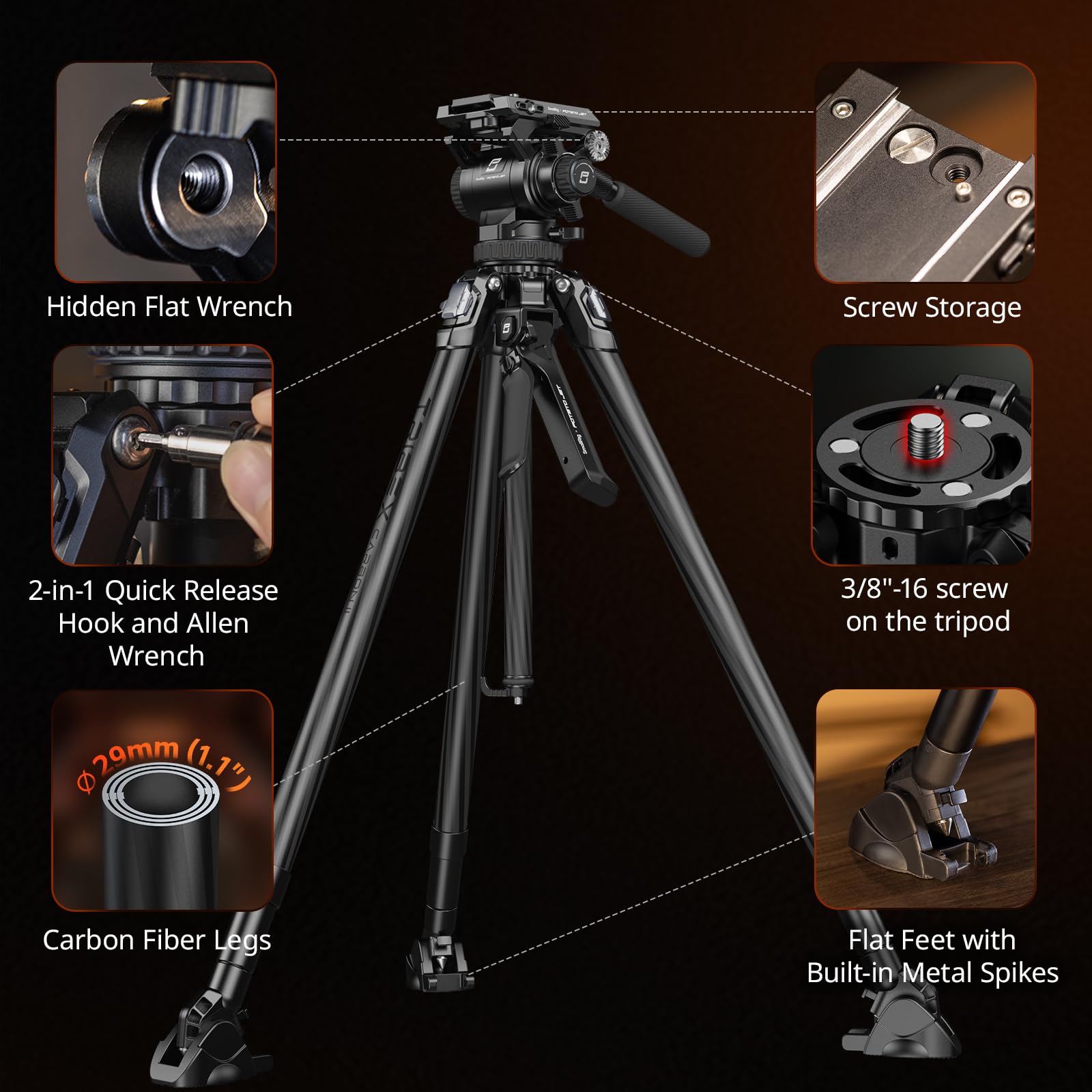 SMALLRIG Tribex Treppiede Idraulico in Fibra di Carbonio II, Treppiede per Videocamera e Video con Estensione Rapida e Testa Fluida, Smorzamento Continuo su Panoramica/Inclinazione per DSLR - 5755