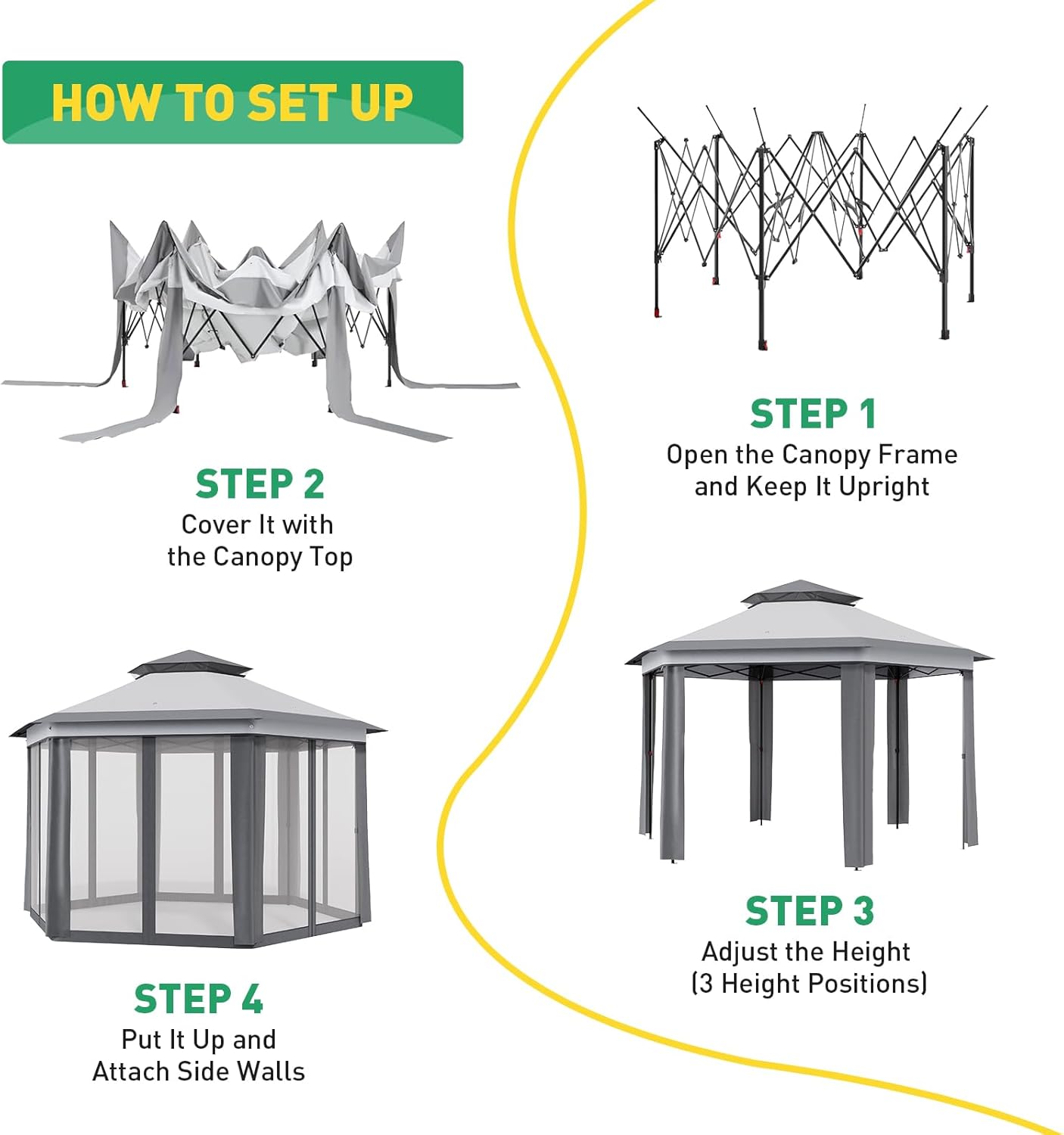 Pop-Up Gazebo 13 * 13 ft 6 Sided, Canopy Tent with Mesh Windows & Portable Carry Bag, Adjustable Tent Outdoor Pergola for Backyard & Patio Furniture (Light Grey + Dark Grey)