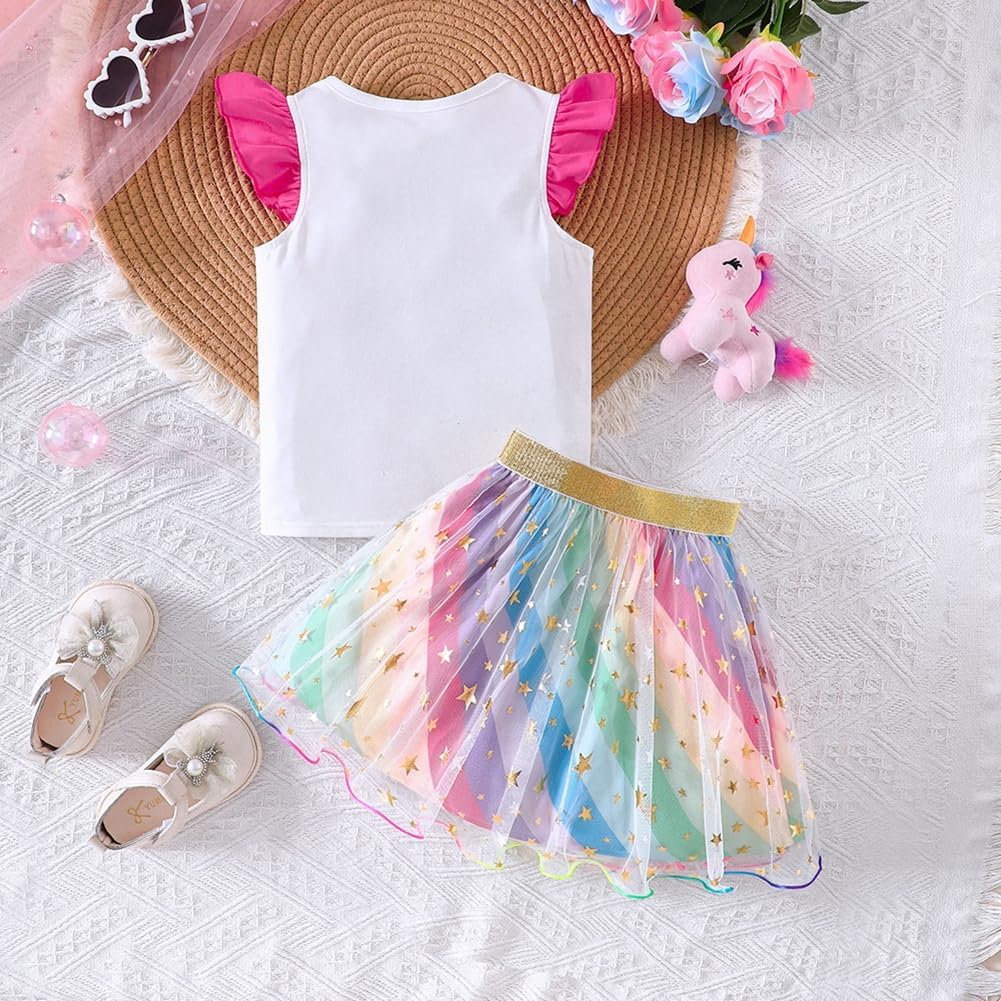 Toddler Girls Suit Outfits 2 Piece Skirt Set Unicorn Ruffle T-Shirt and Rainbow Star Tutu Skirts for Big Kid Sizes 2-7T - Image 2