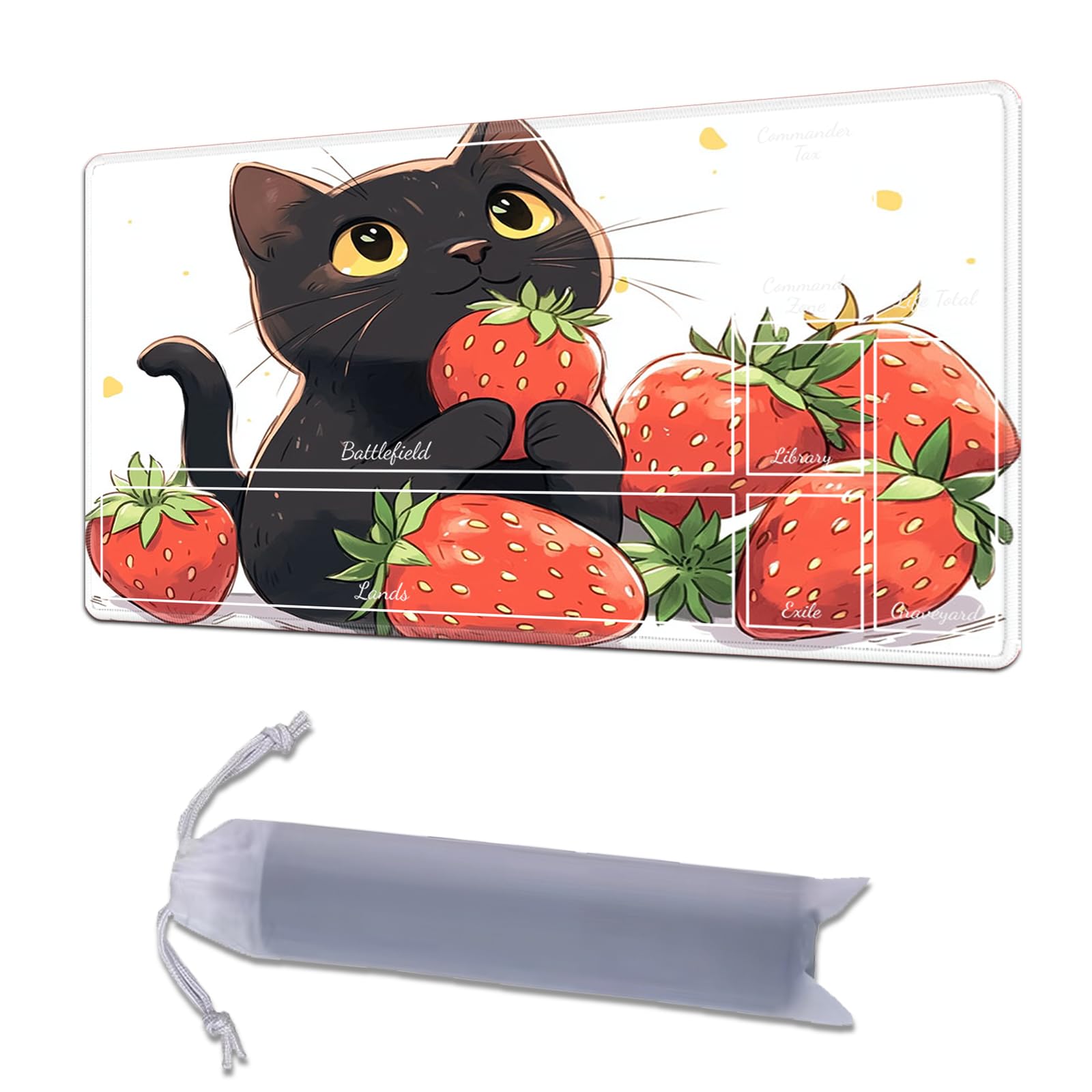 HGGJFLYX Playmat with Zone for MTG,24x14 Inch for TCG Playmat with Non-Slip Rubber Base,Smooth Surface Stitched Edges,Magic Card Game Mat with Storage Desk Mousepad,Black Cat and Strawberries