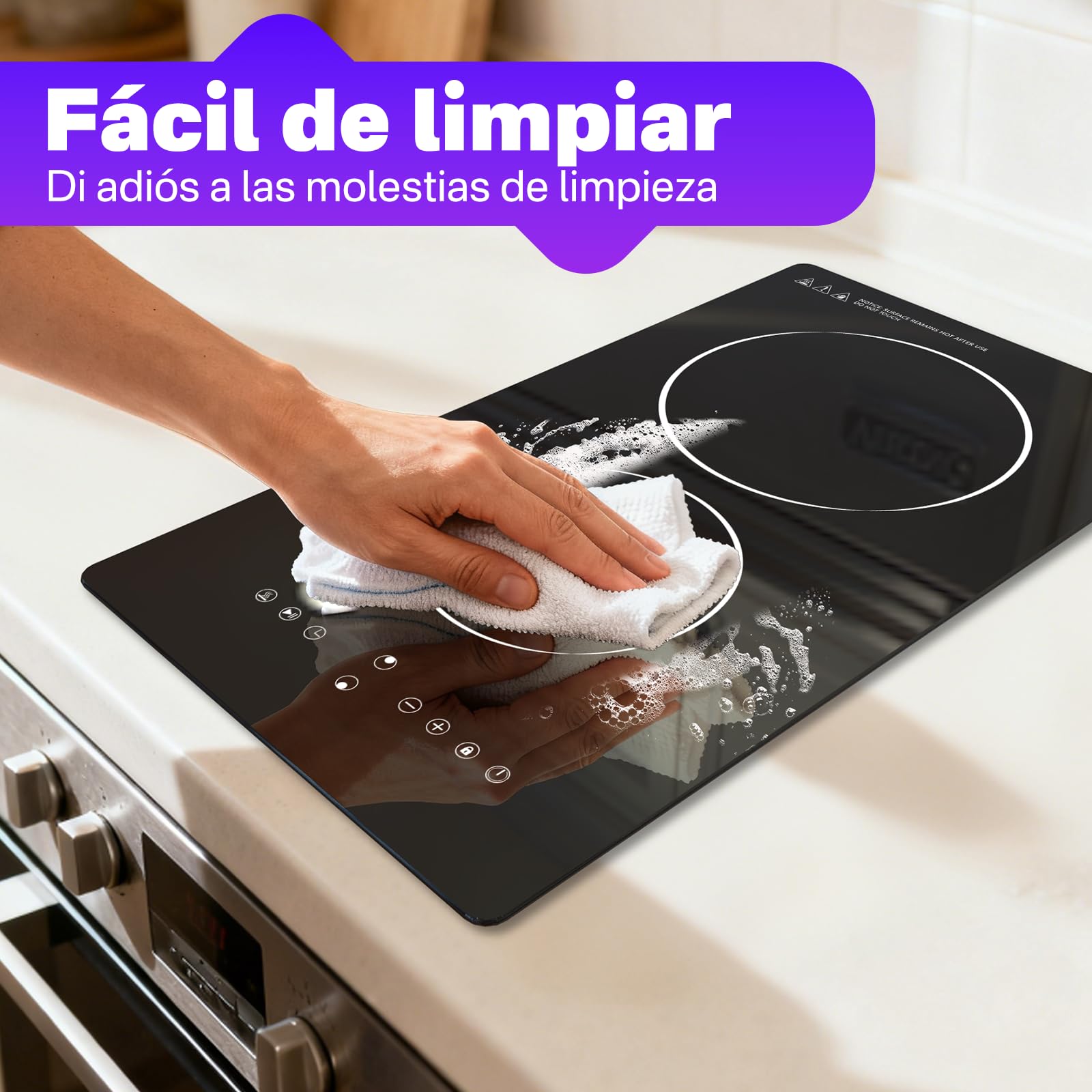 Placa Vitrocerámica 2 Fuegos 3000W, Empotrable & Portátil, Control Táctil