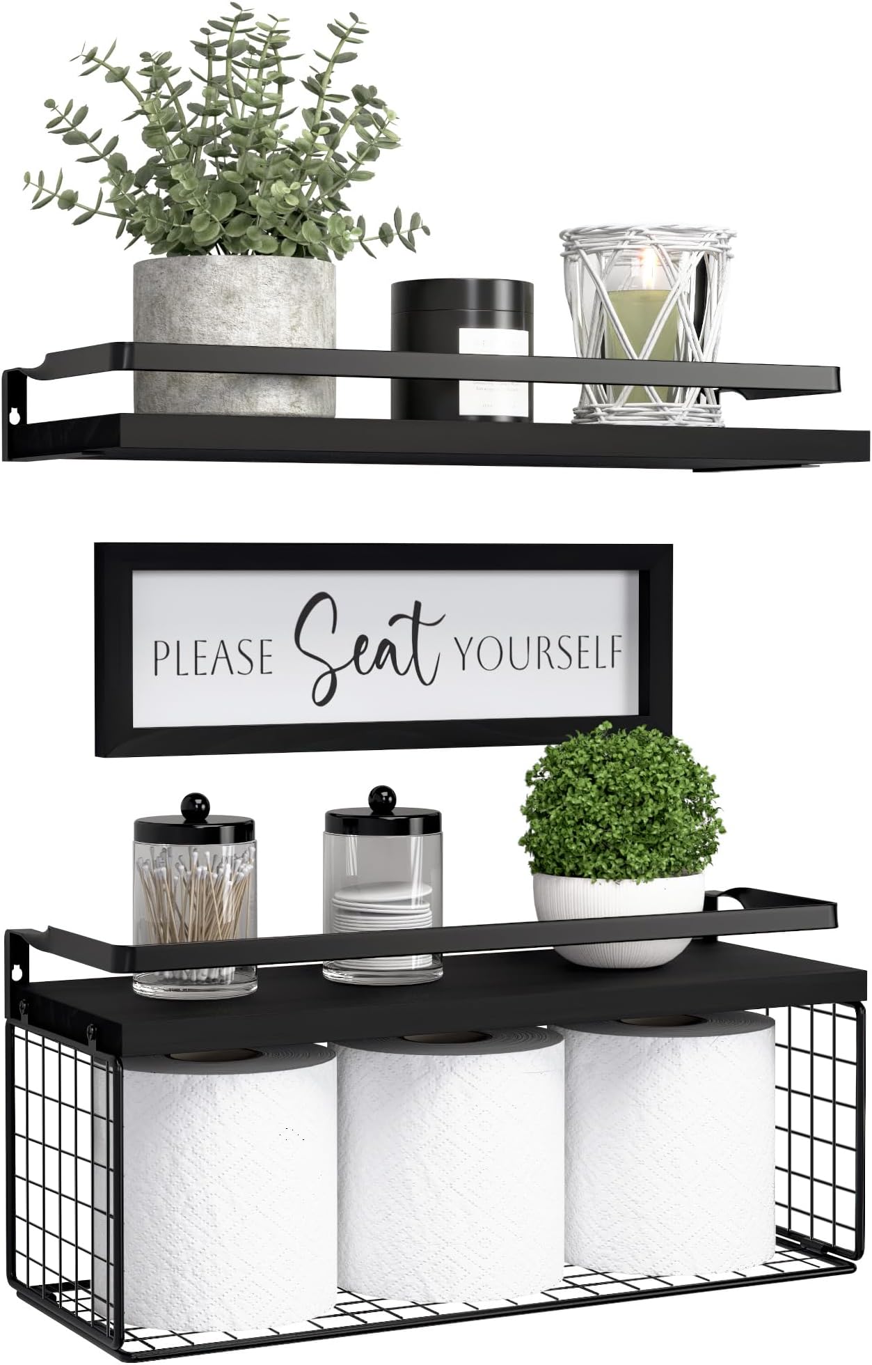 Floating Shelves with Wall Décor Sign, Bathroom Shelves Over Toilet with Wire Storage Basket, Wood Wall Shelves with Protective Metal Guardrail– Black