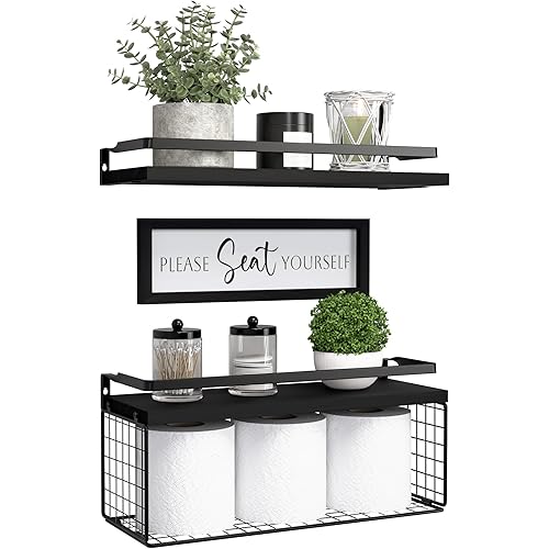 DOLLFIO Floating Shelves with Wall Décor Sign, Bathroom Shelves Over Toilet with Wire Storage Basket, Wood Wall Shelves with Protective Metal Guardrail– Black