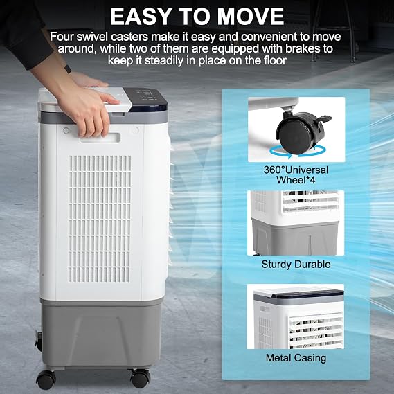 Portable Evaporative Cooler 3-in-1 with Remote, 461CFM Airflow & 5.28 Gal Tank, 40 Oscillating Swamp Cooler for Indoor/Outdoor, Includes Ice Packs and Scroll Casters