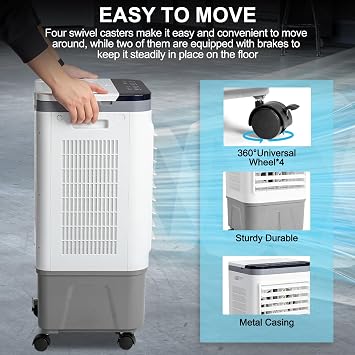 Portable Evaporative Cooler 3-in-1 with Remote, 461CFM Airflow & 5.28 Gal Tank, 40 Oscillating Swamp Cooler for Indoor/Outdoor, Includes Ice Packs and Scroll Casters