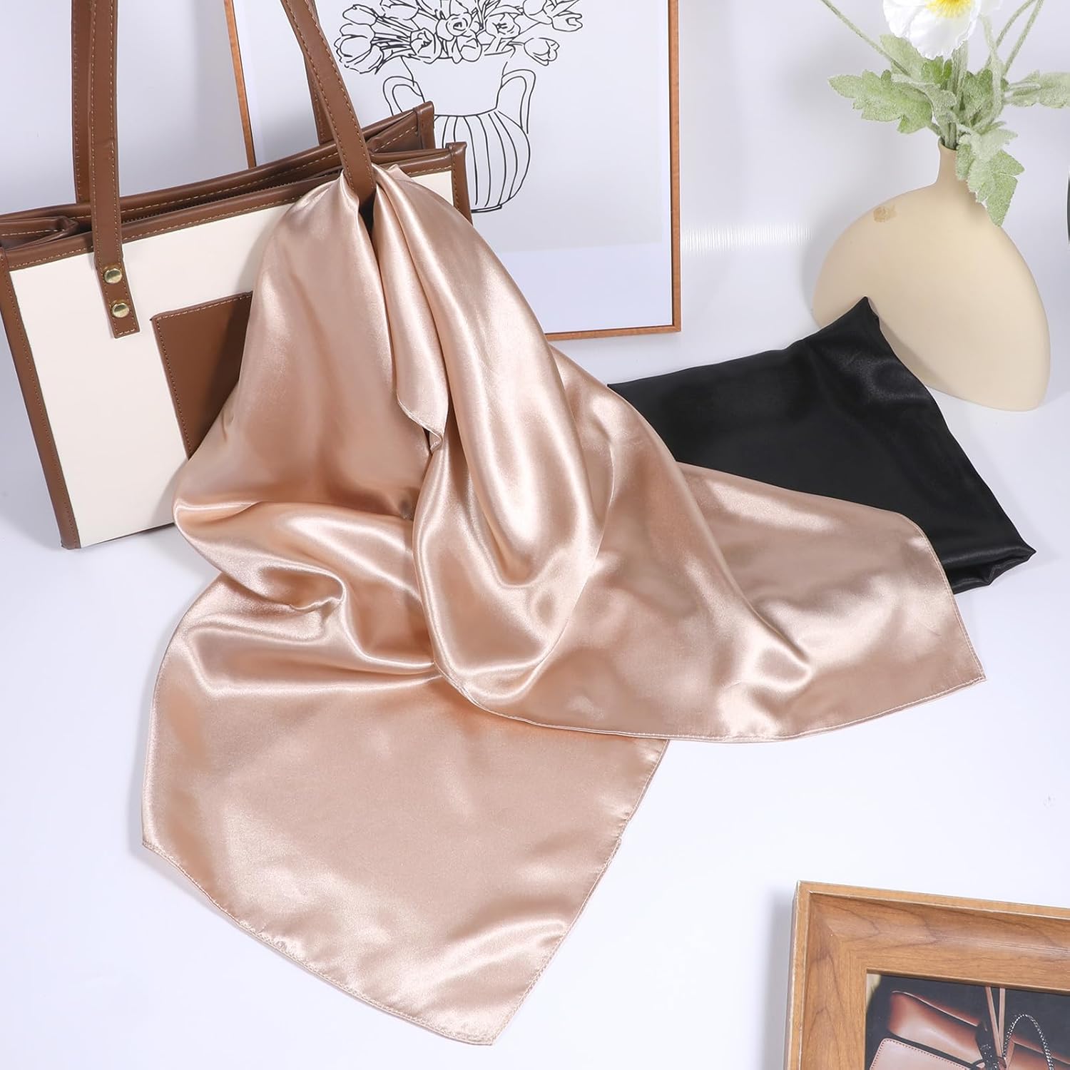 35" Large Square Satin Head Scarf, 2 Pack Head Scarf for Women's Hair, Silk Like Bandana Lightweight Women Hair Neck Wrap Scarves Bandana Accessories for Sleeping Styling Protection - Image 7