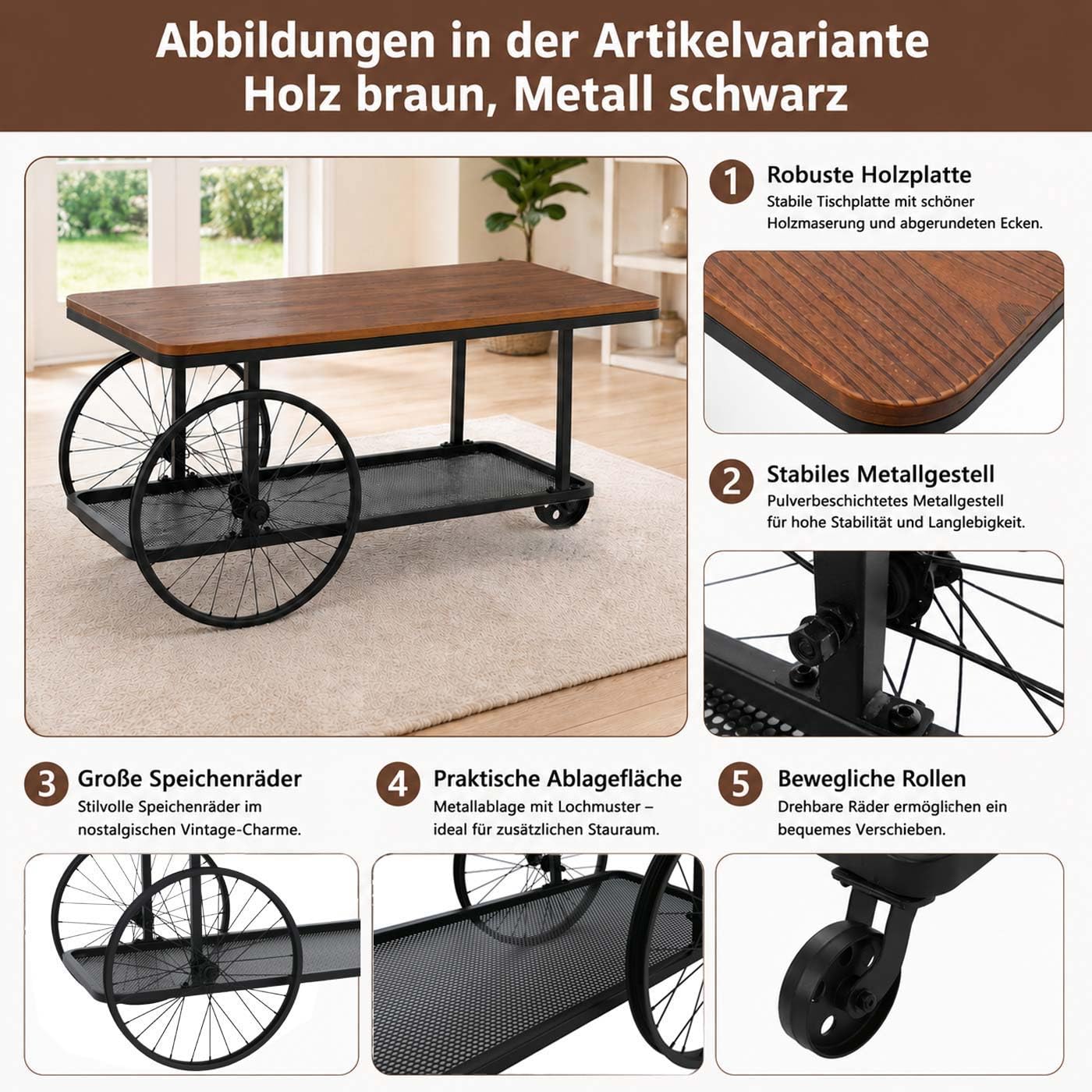 Mendler Couchtisch HWC-Q69 54x100x60cm Holz - braun, Metall schwarz | Beistelltisch, Sofatisch, Reifen, Industrial, Retro