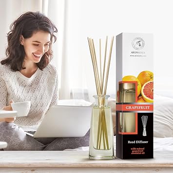 AROMATIKA Grapefruit Reed Diffuser with Grapefruit Oil, 100ml, 9 Piece Set, Scented Reed Diffuser, Long Lasting Aroma, Bamboo Sticks, Home, Office