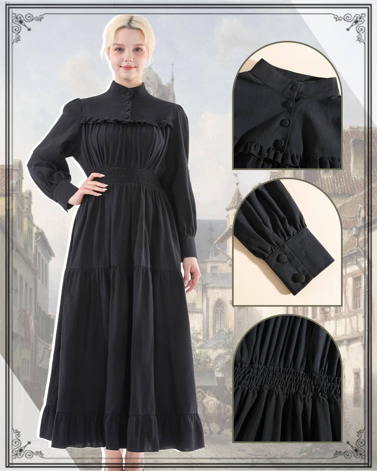 CR ROLECOS Abito medievale vintage vittoriano, da donna, a maniche lunghe, linea ad A, colletto alto, per il tempo libero, abito goth