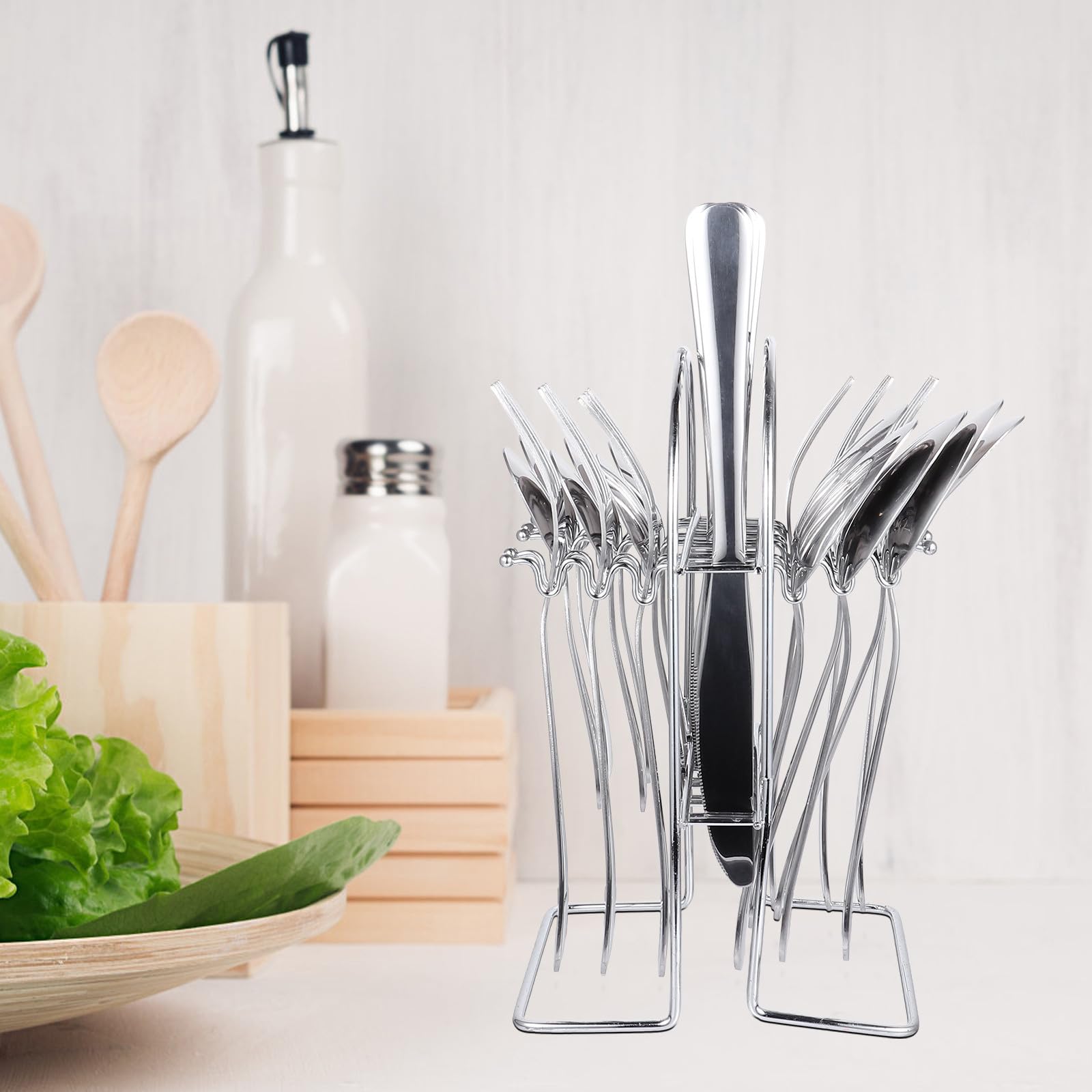 Luxuriöses Edelstahl Essbesteck 24 Stück mit Spiegelpolitur und Aufbewahrungsständer Elegantes und Praktisches Besteck für Riegel und Hotels