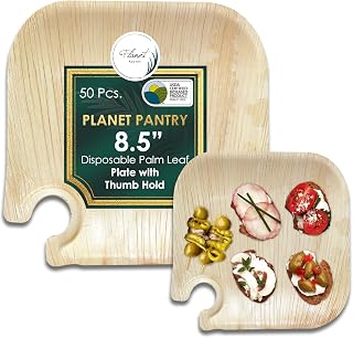 Disposable Palm Leaf 8.5" Square Plates with Thumb hold (50 pcs) | Compostable Wooden Bamboo Plates | for Wedding Party Buffet Catering Alternative to Plastic & Paper Tableware