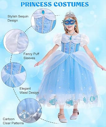 Prinzessin Kleid Mädchen Cinderella Kostüm mit Krone Zauberstab Halsketten Set Faschingskostüme Kinder Cinderella Kleid Prinzessin Kostüm für Karneval Cosplay Geburtstagsfeier