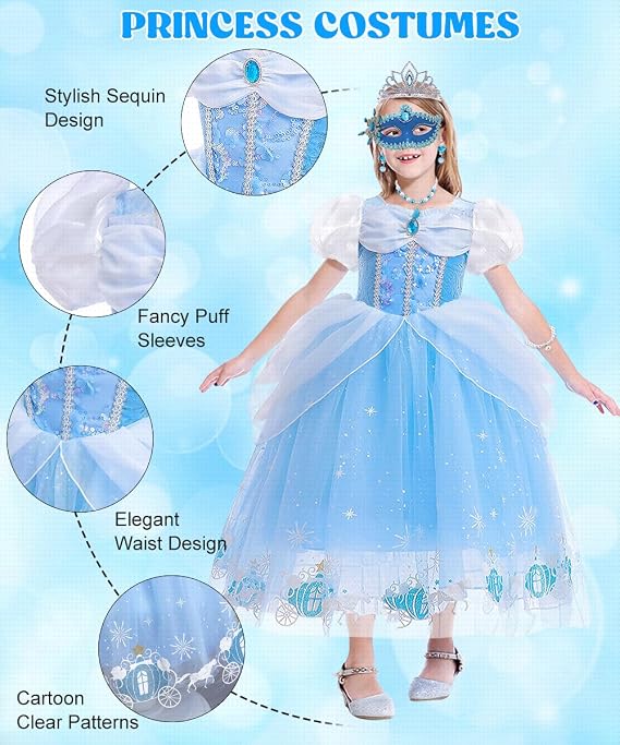 Prinzessin Kleid Mädchen Cinderella Kostüm mit Krone Zauberstab Halsketten Set Faschingskostüme Kinder Cinderella Kleid Prinzessin Kostüm für Karneval Cosplay Geburtstagsfeier