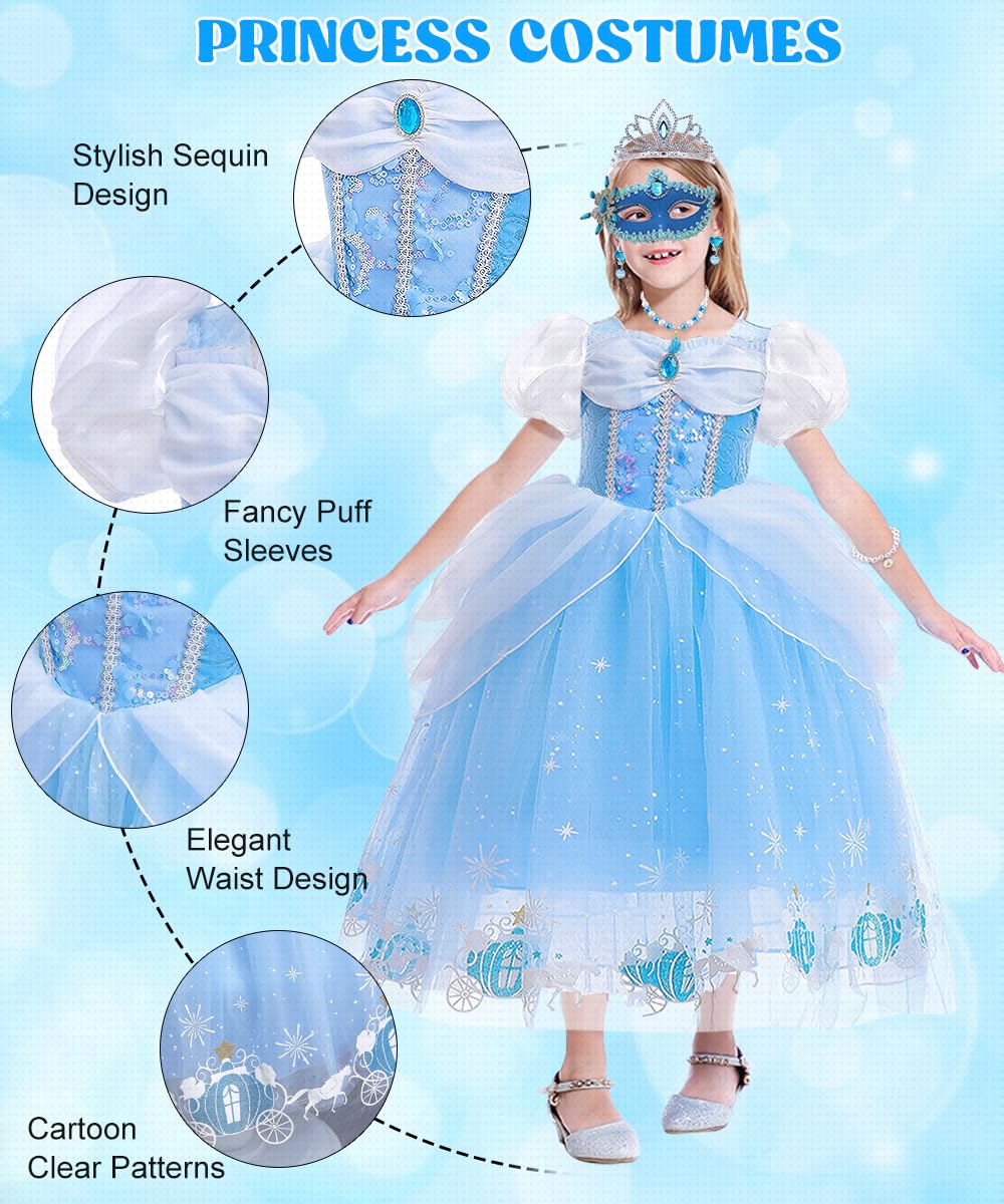 Robe Princesse Fille, Deguisement Princesse avec Couronne Collier Ensemble, Costume Carnaval Enfant, Deguisement Princesses pour Anniversaire Cosplay Fête
