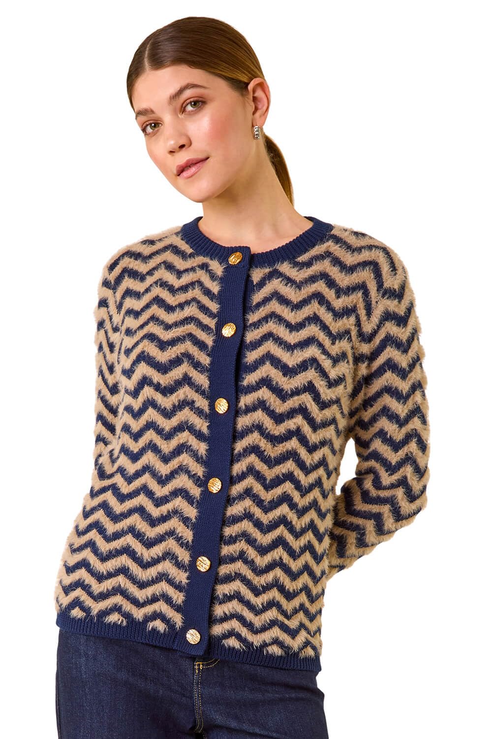 Roman Women's Navy Fluffy Stripe Knit Cardigan Size 14