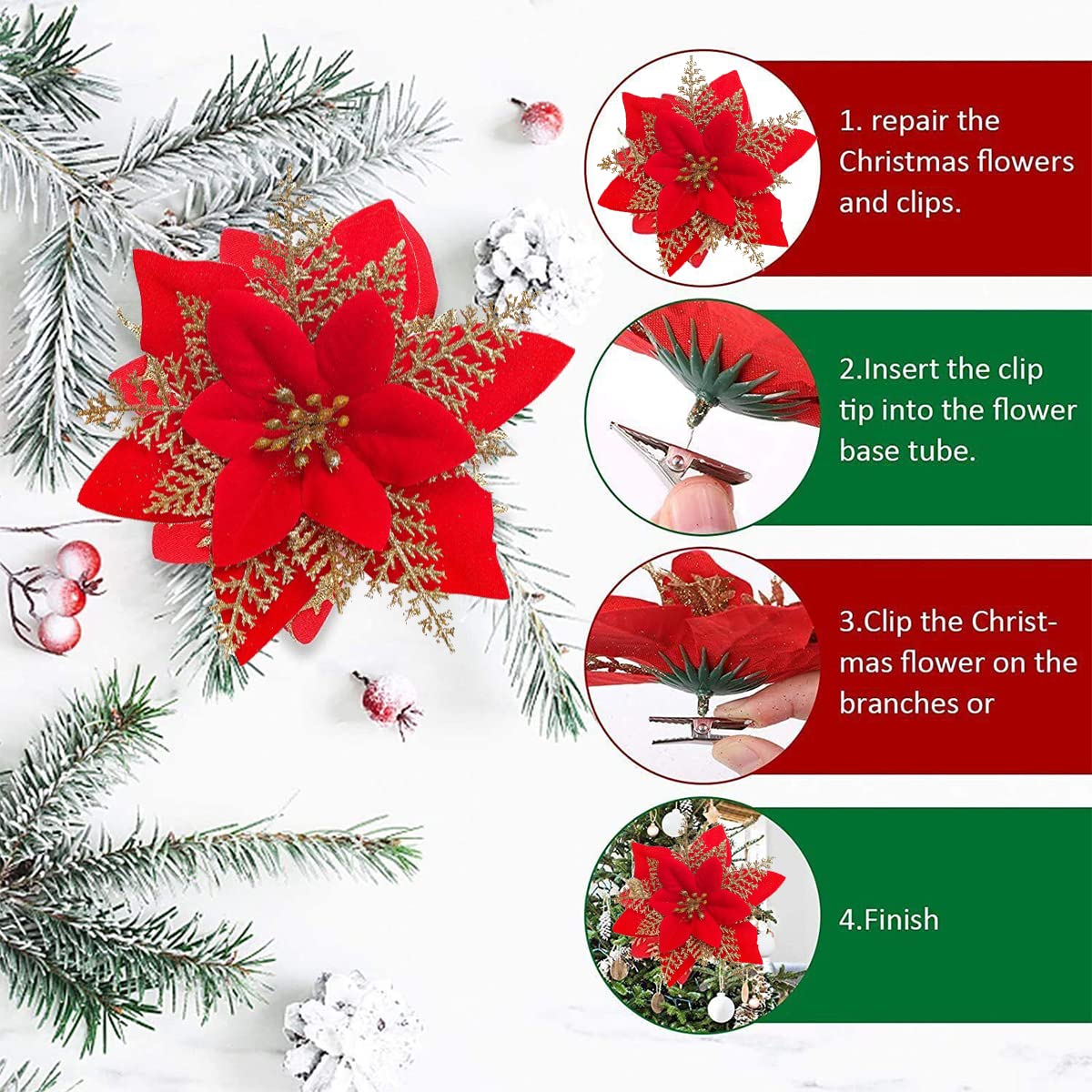 Lot De 12 Fleurs De Poinsettia Artificielles à Paillettes - Avec Clips, Déco Noël Bordeaux
