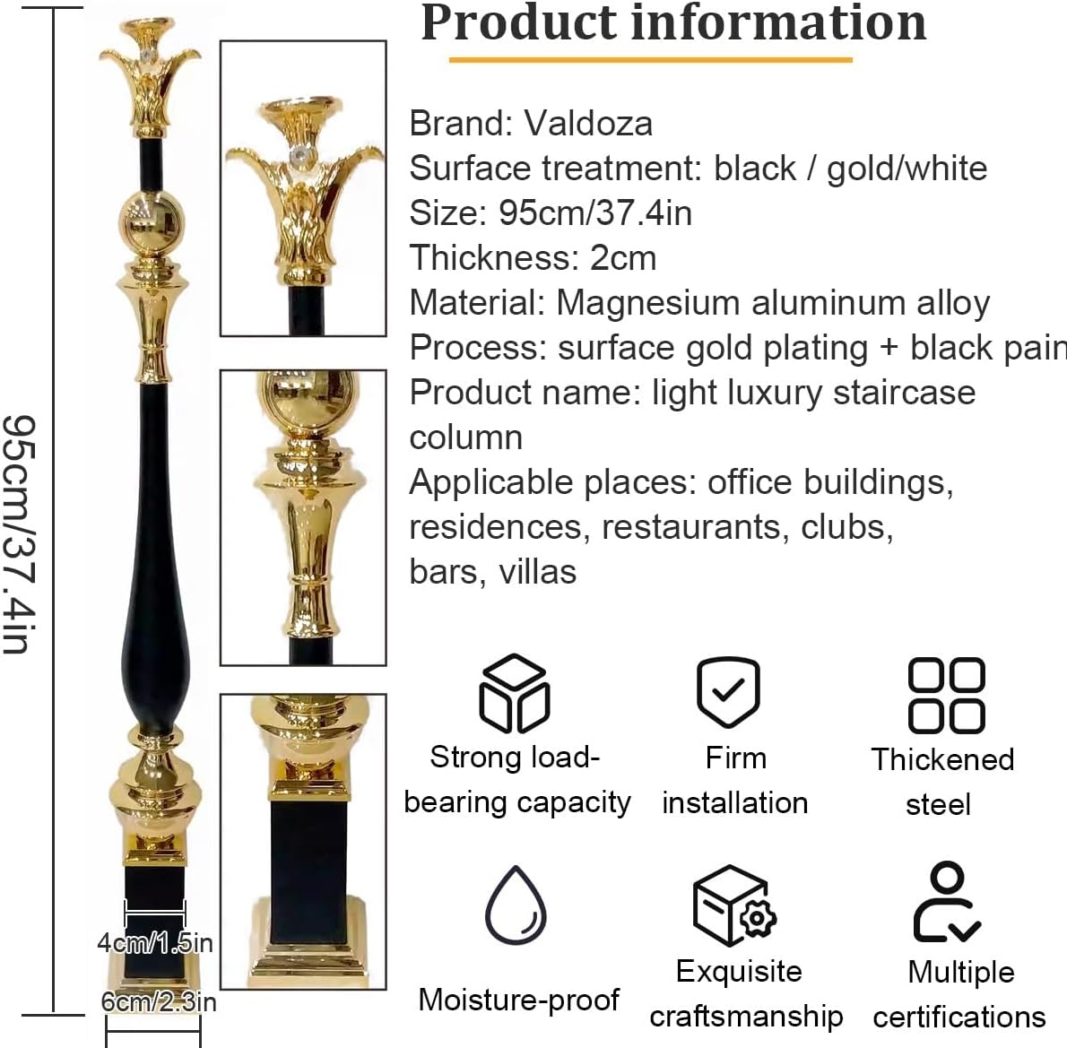 Black Metal Stair Baluster Spindle - Durable Magnesium Aluminum Alloy for Stairs, Supportive Railing Column, Ideal for Indoor Staircases (1pc)